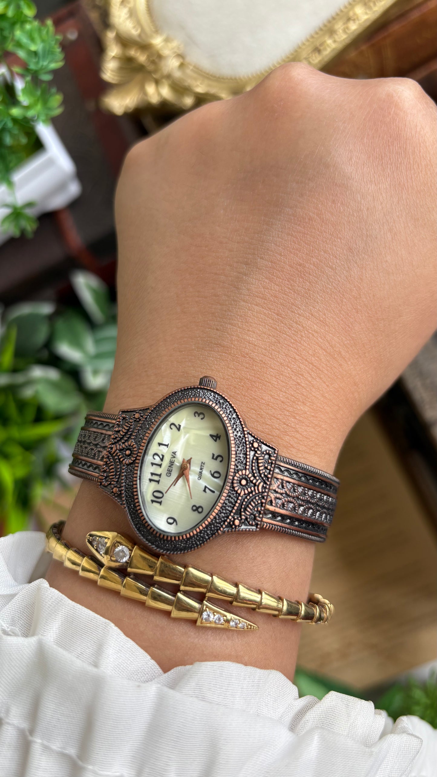 Vintage Geneva Watch in Bronze Tone Pearl Dial