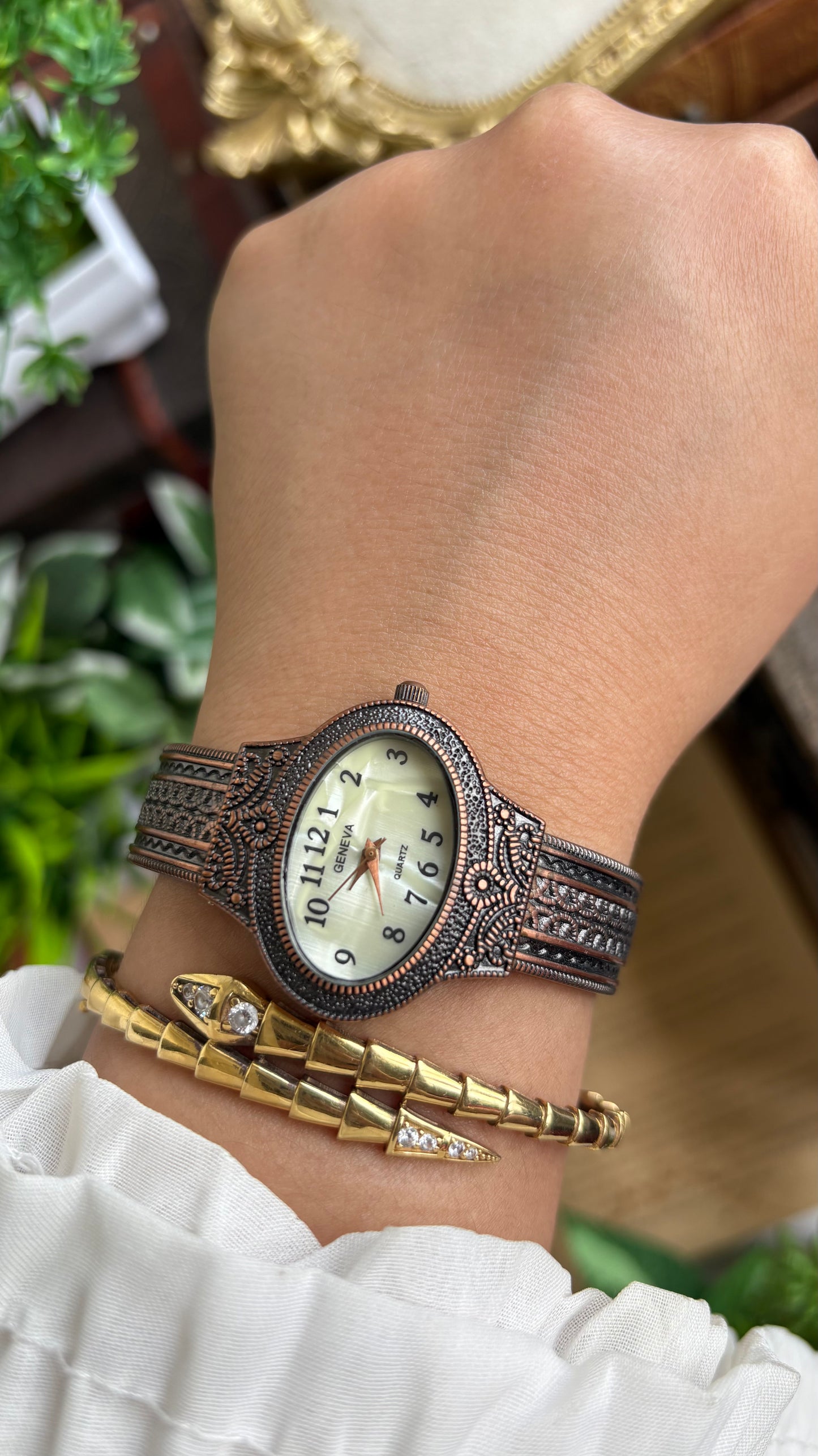 Vintage Geneva Watch in Bronze Tone Pearl Dial