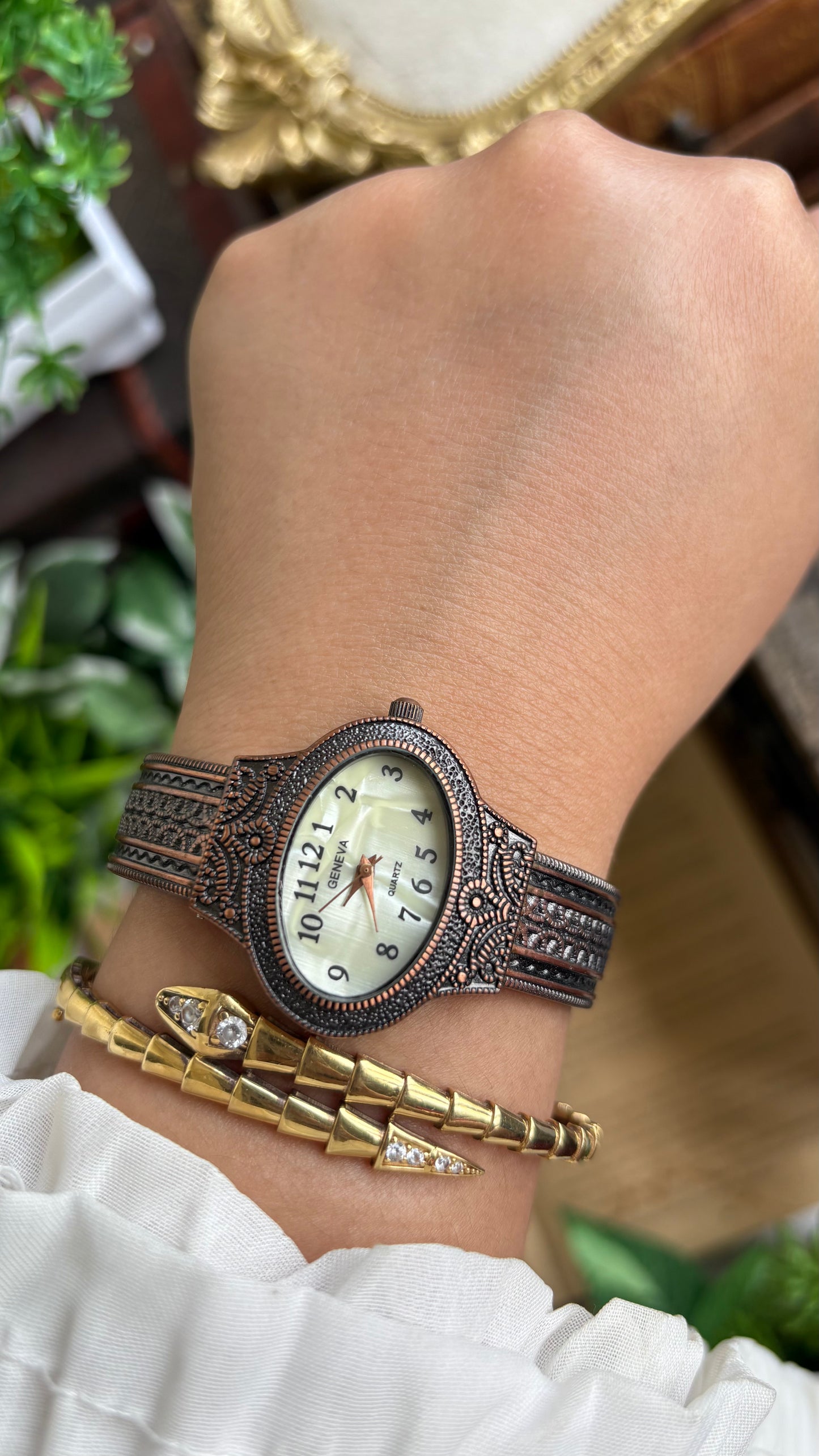 Vintage Geneva Watch in Bronze Tone Pearl Dial
