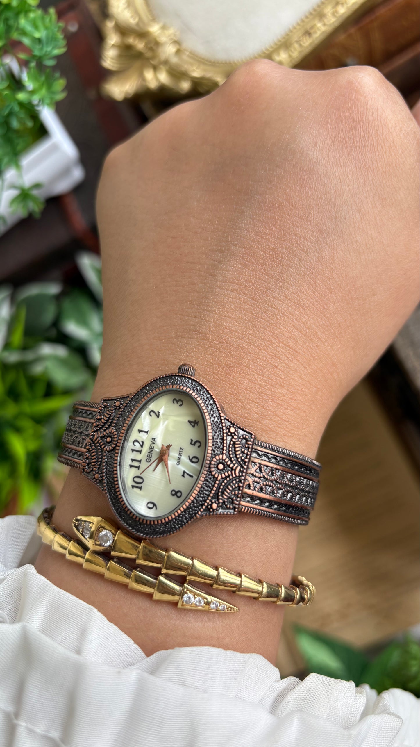 Vintage Geneva Watch in Bronze Tone Pearl Dial