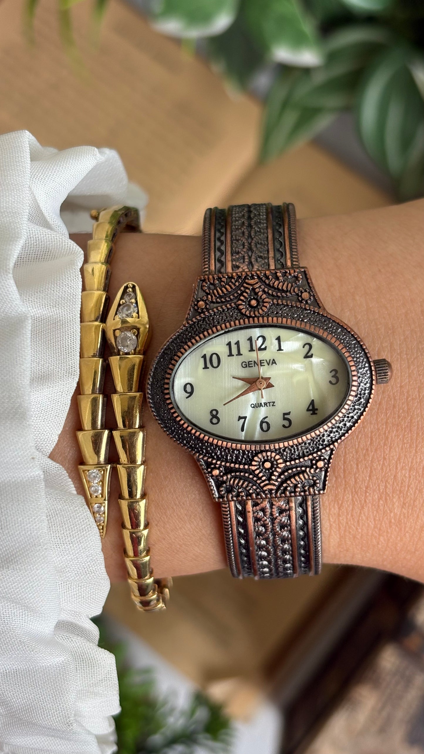 Vintage Geneva Watch in Bronze Tone Pearl Dial