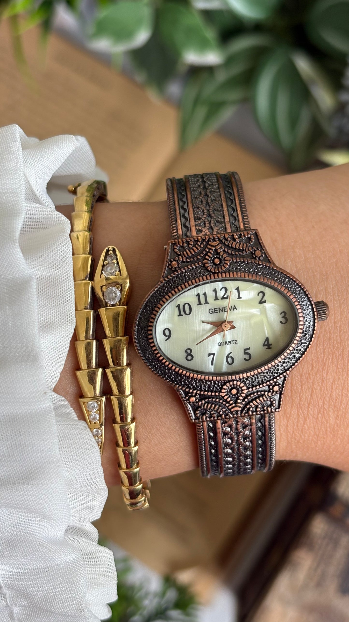 Vintage Geneva Watch in Bronze Tone Pearl Dial
