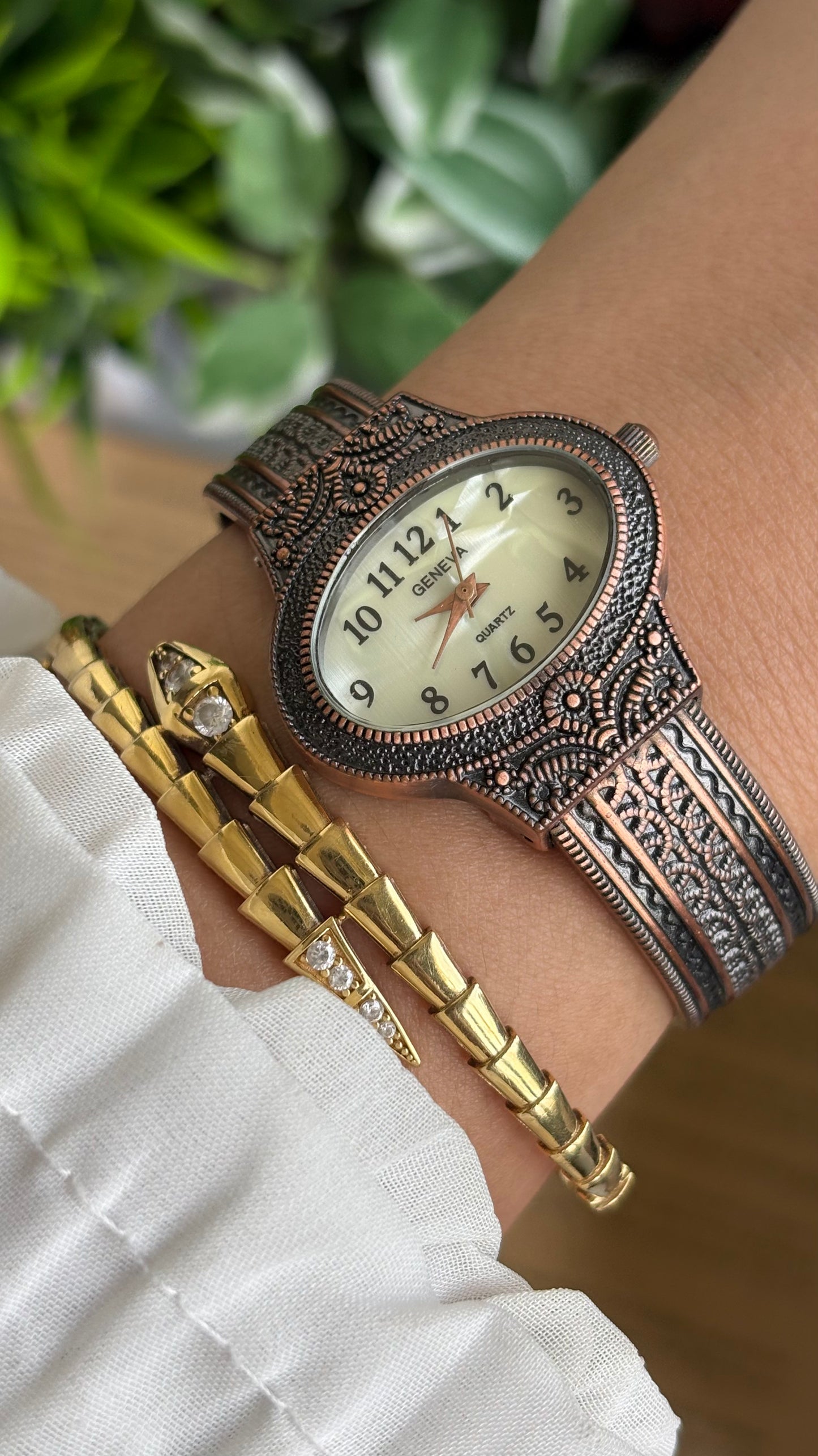 Vintage Geneva Watch in Bronze Tone Pearl Dial