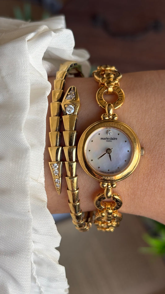 Vintage Marie Claire Paris Watch in Gold Tone Flower Straps Pearl Dial