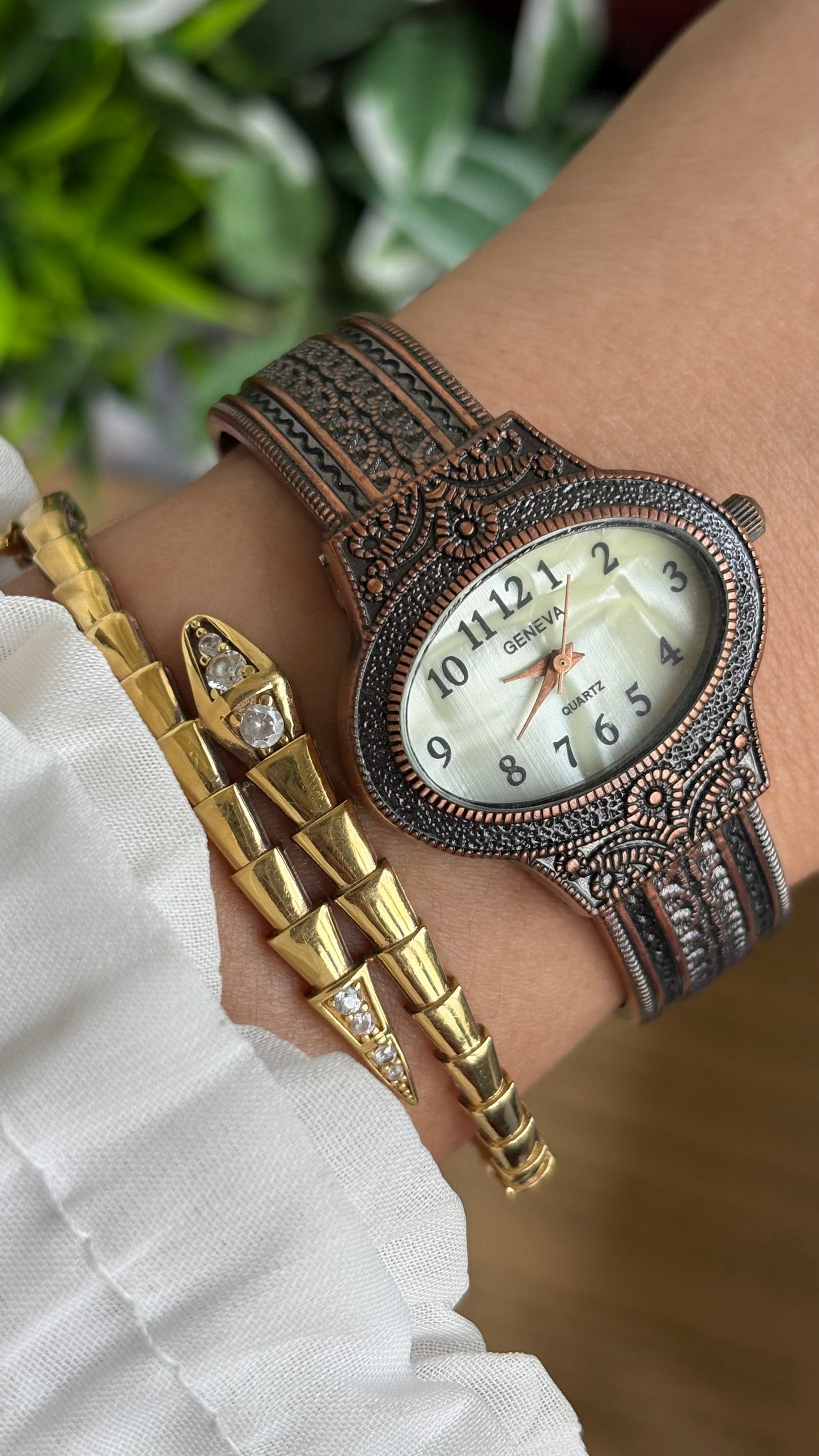 Vintage Geneva Watch in Bronze Tone Pearl Dial