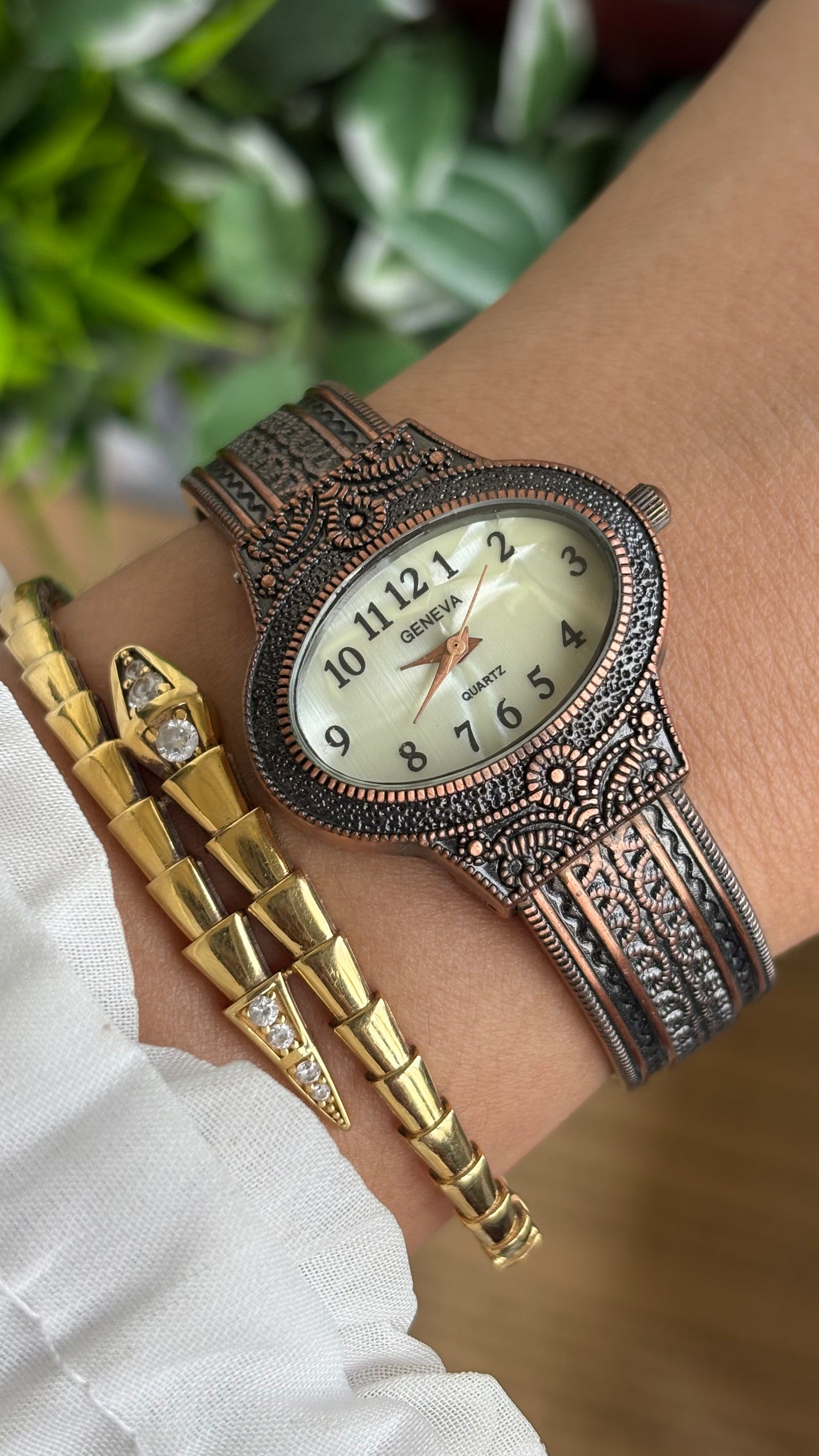 Vintage Geneva Watch in Bronze Tone Pearl Dial