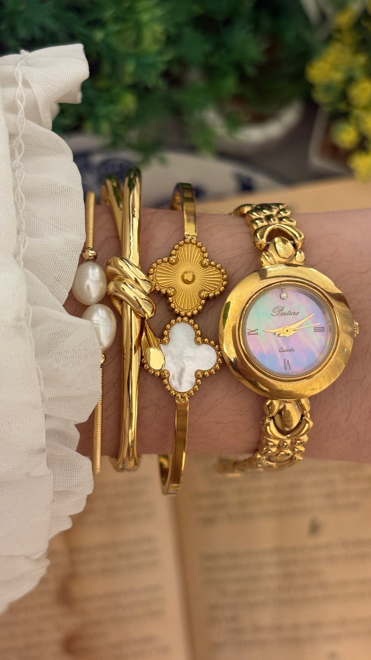 Rare Vintage Parture Mother of Pearl Dial Flower Motif Bracelet Watch in Gold Tone Quartz