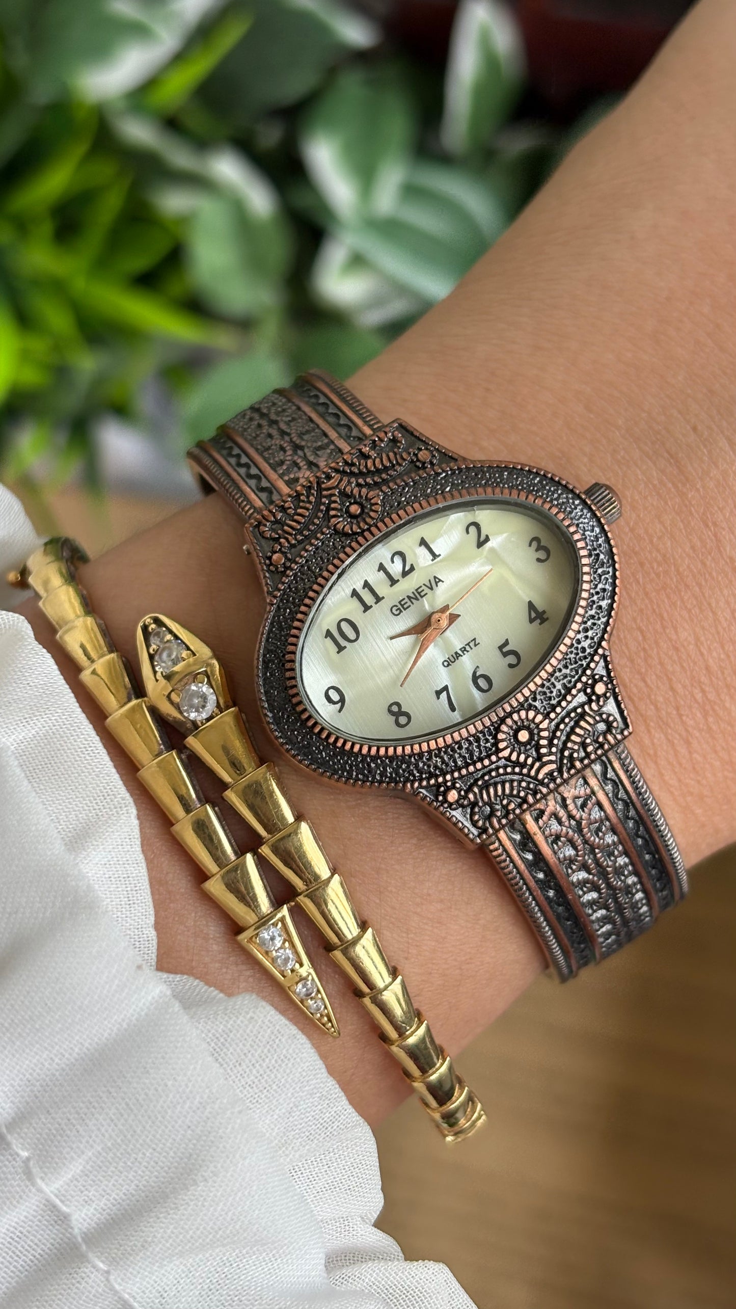 Vintage Geneva Watch in Bronze Tone Pearl Dial