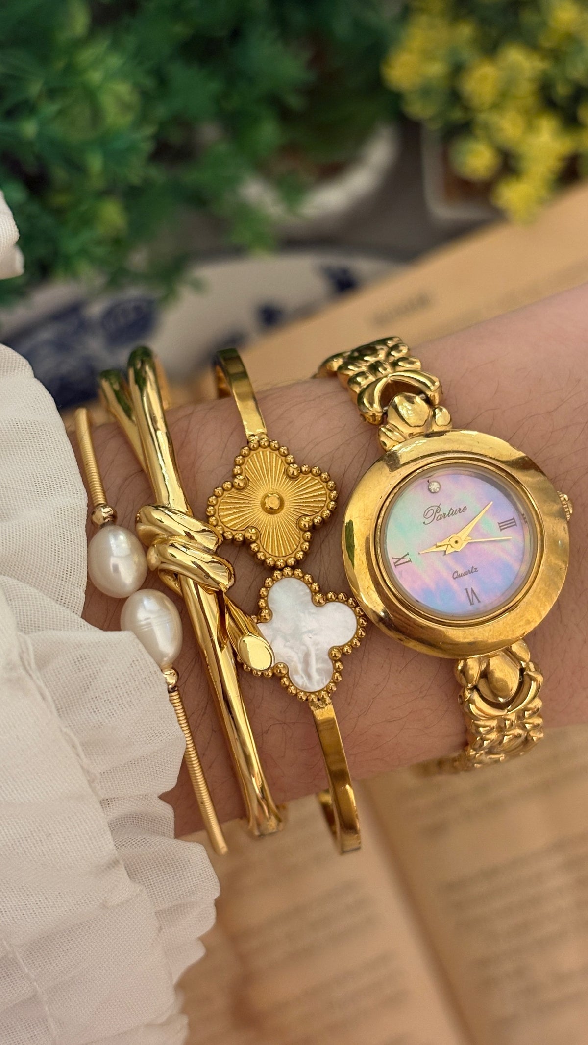 Rare Vintage Parture Mother of Pearl Dial Flower Motif Bracelet Watch in Gold Tone Quartz