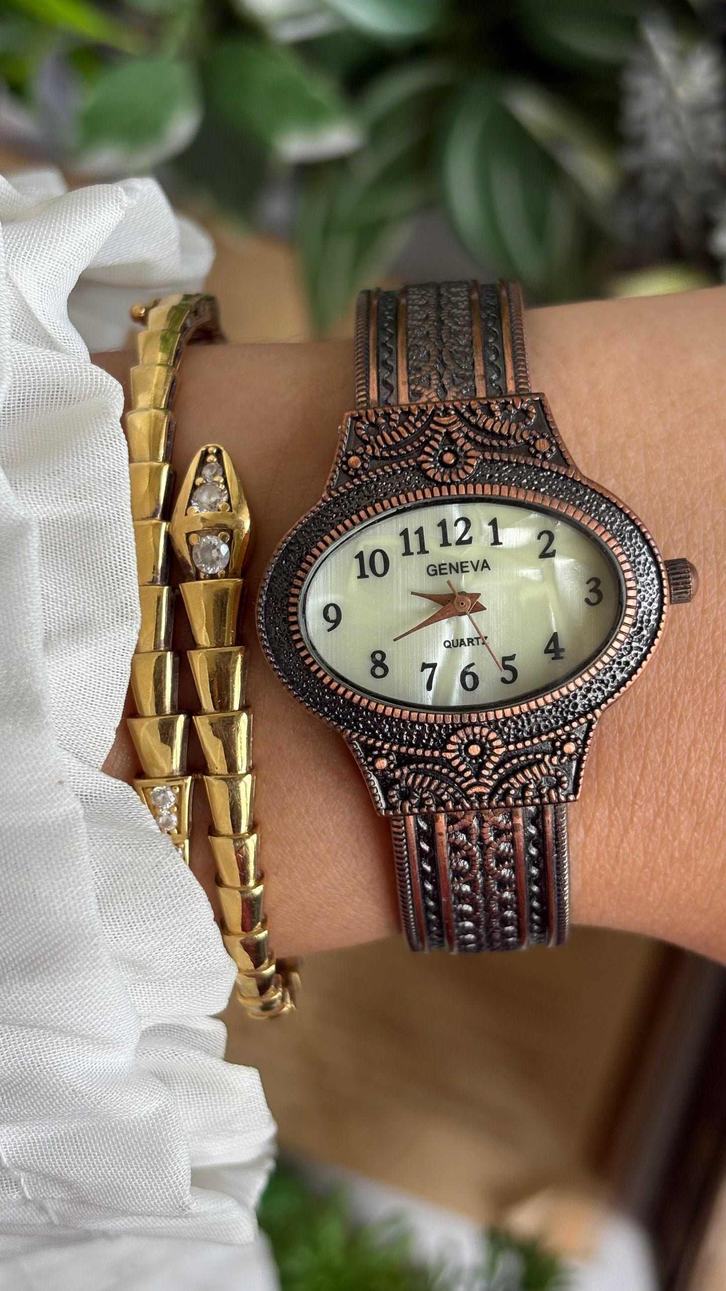 Vintage Geneva Watch in Bronze Tone Pearl Dial