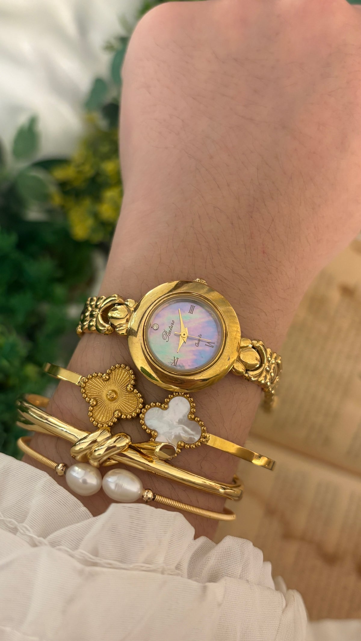 Rare Vintage Parture Mother of Pearl Dial Flower Motif Bracelet Watch in Gold Tone Quartz