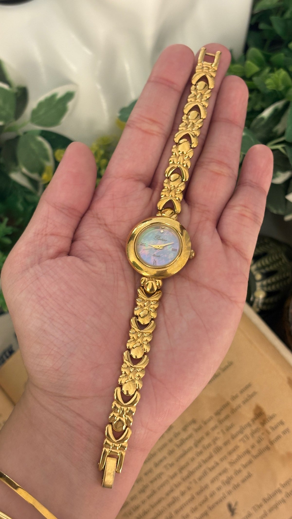 Rare Vintage Parture Mother of Pearl Dial Flower Motif Bracelet Watch in Gold Tone Quartz