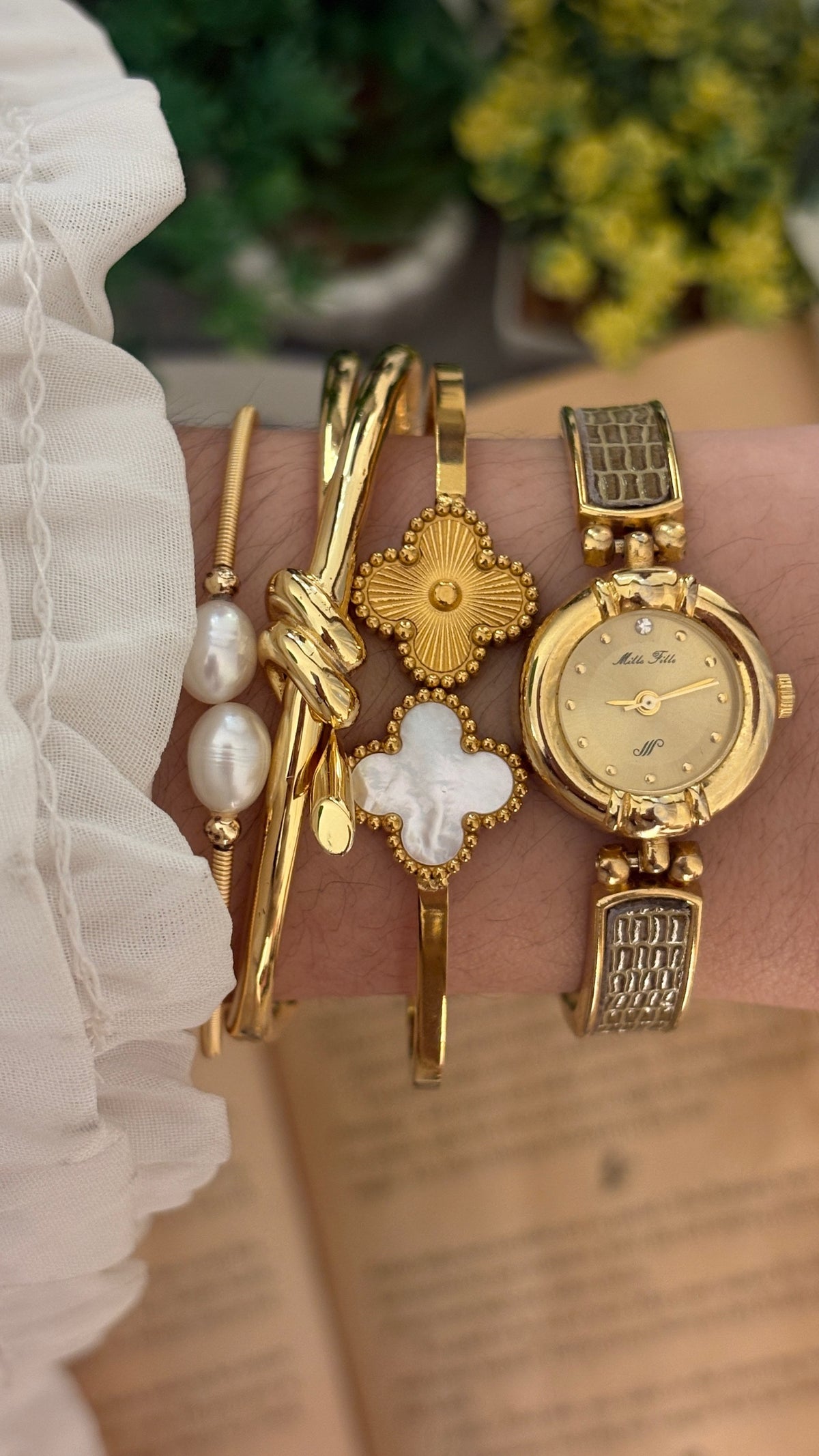 Rare Vintage Mille Fille Leather Semi-Bangle Watch in Gold Tone Quartz