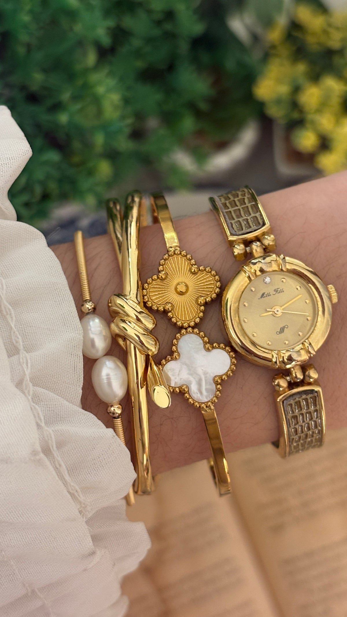 Rare Vintage Mille Fille Leather Semi-Bangle Watch in Gold Tone Quartz