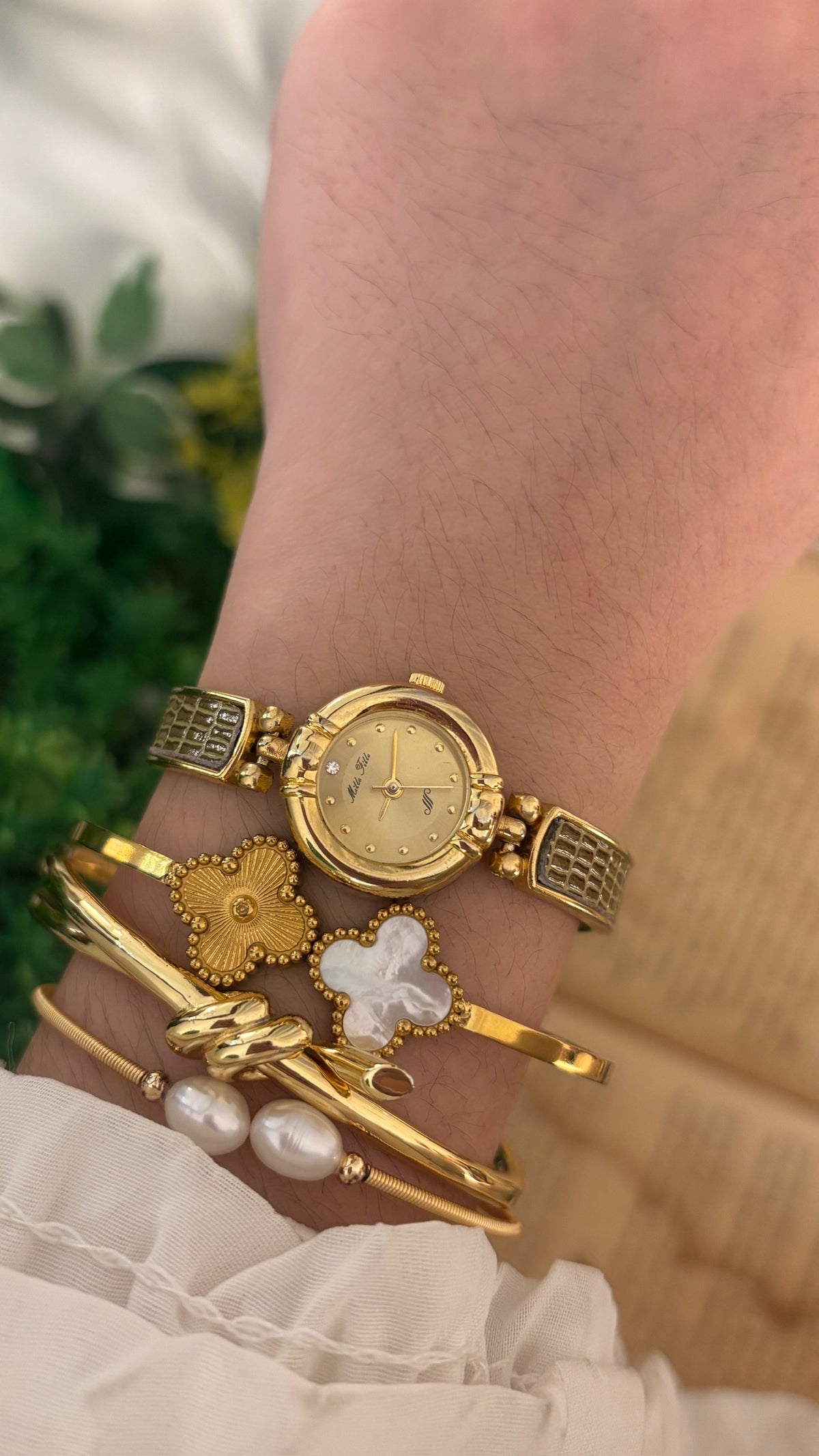 Rare Vintage Mille Fille Leather Semi-Bangle Watch in Gold Tone Quartz