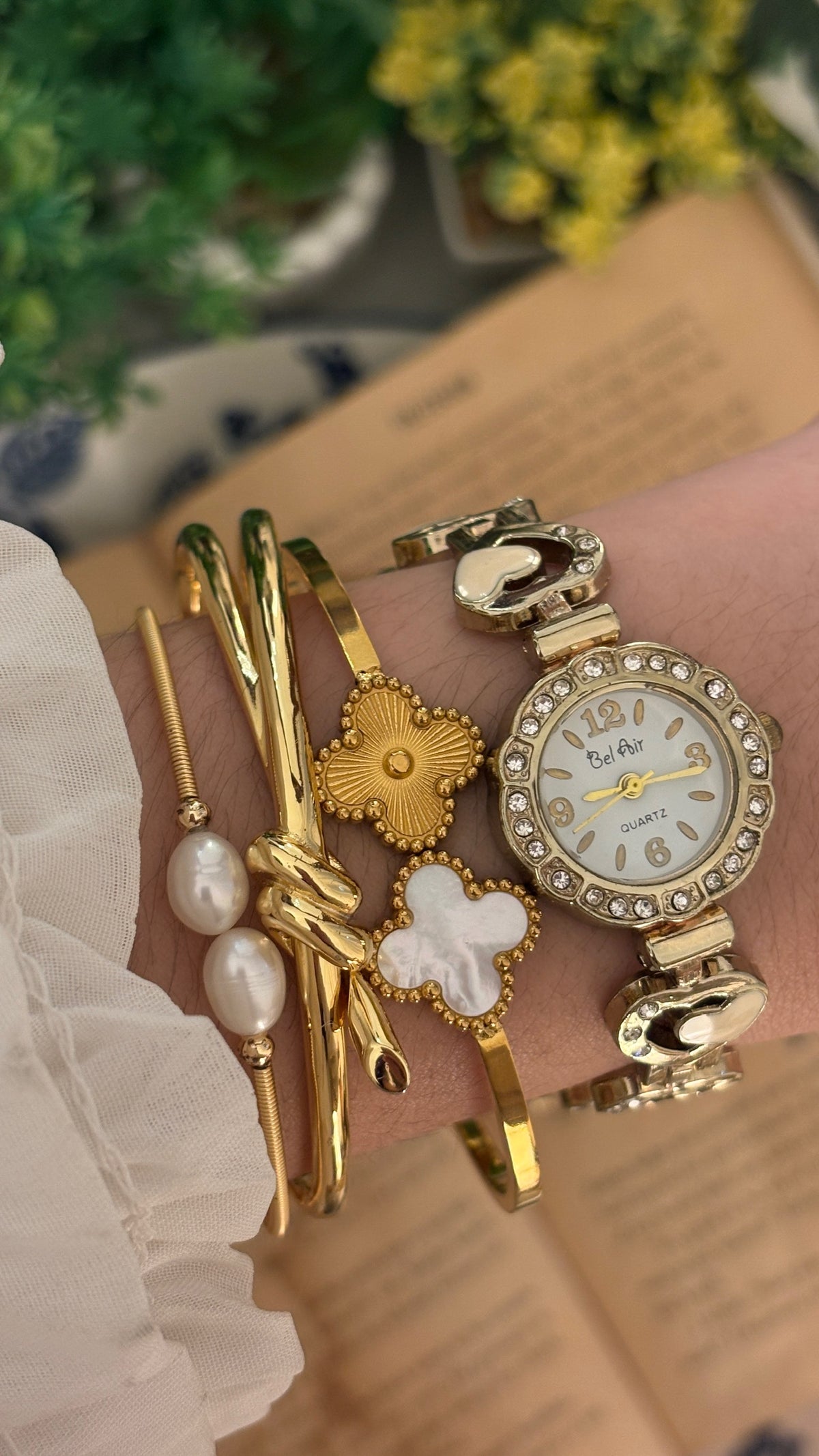 Vintage Bel Air Rhinestone Heart Link Watch in Gold Tone Quartz