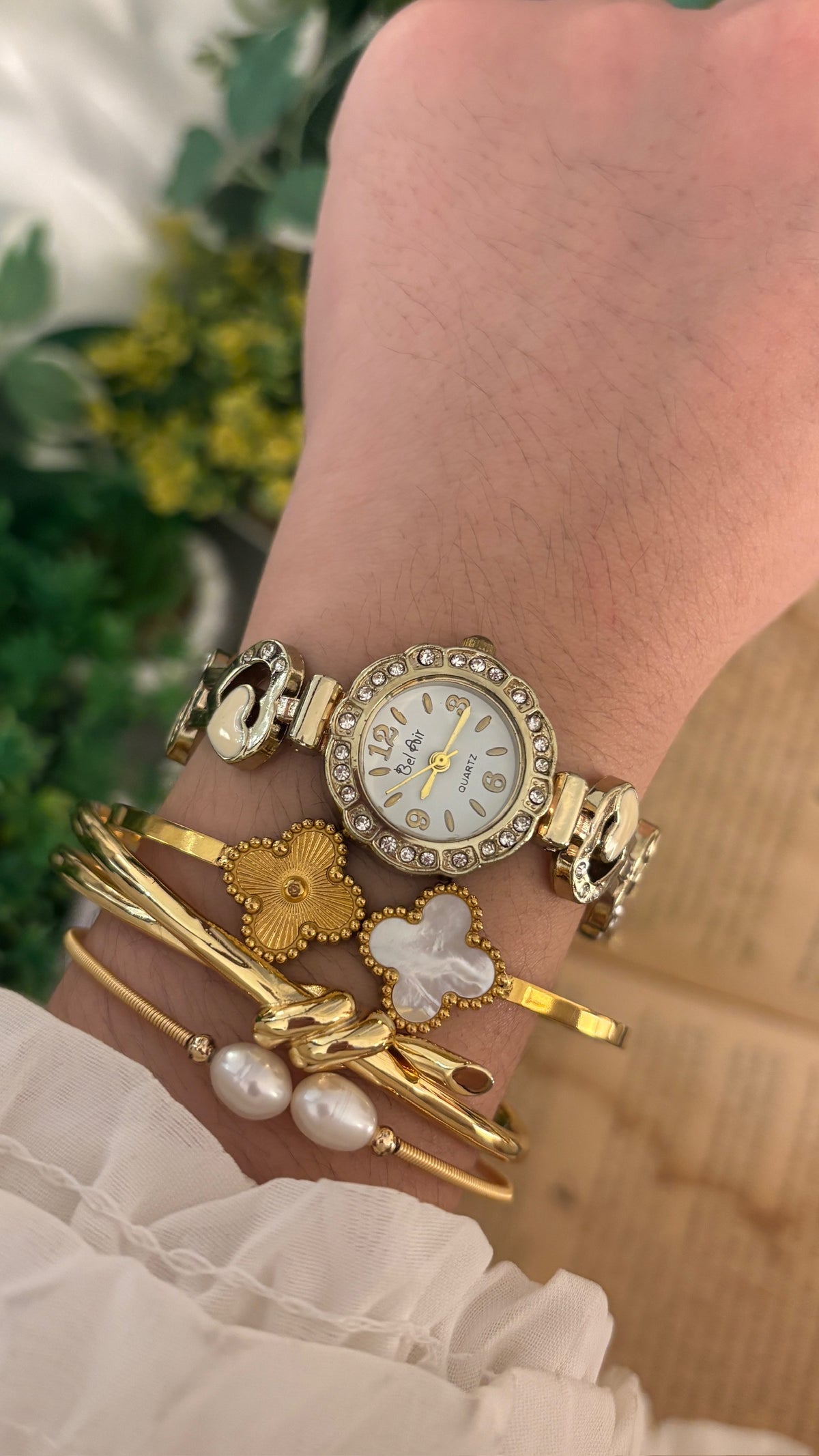 Vintage Bel Air Rhinestone Heart Link Watch in Gold Tone Quartz