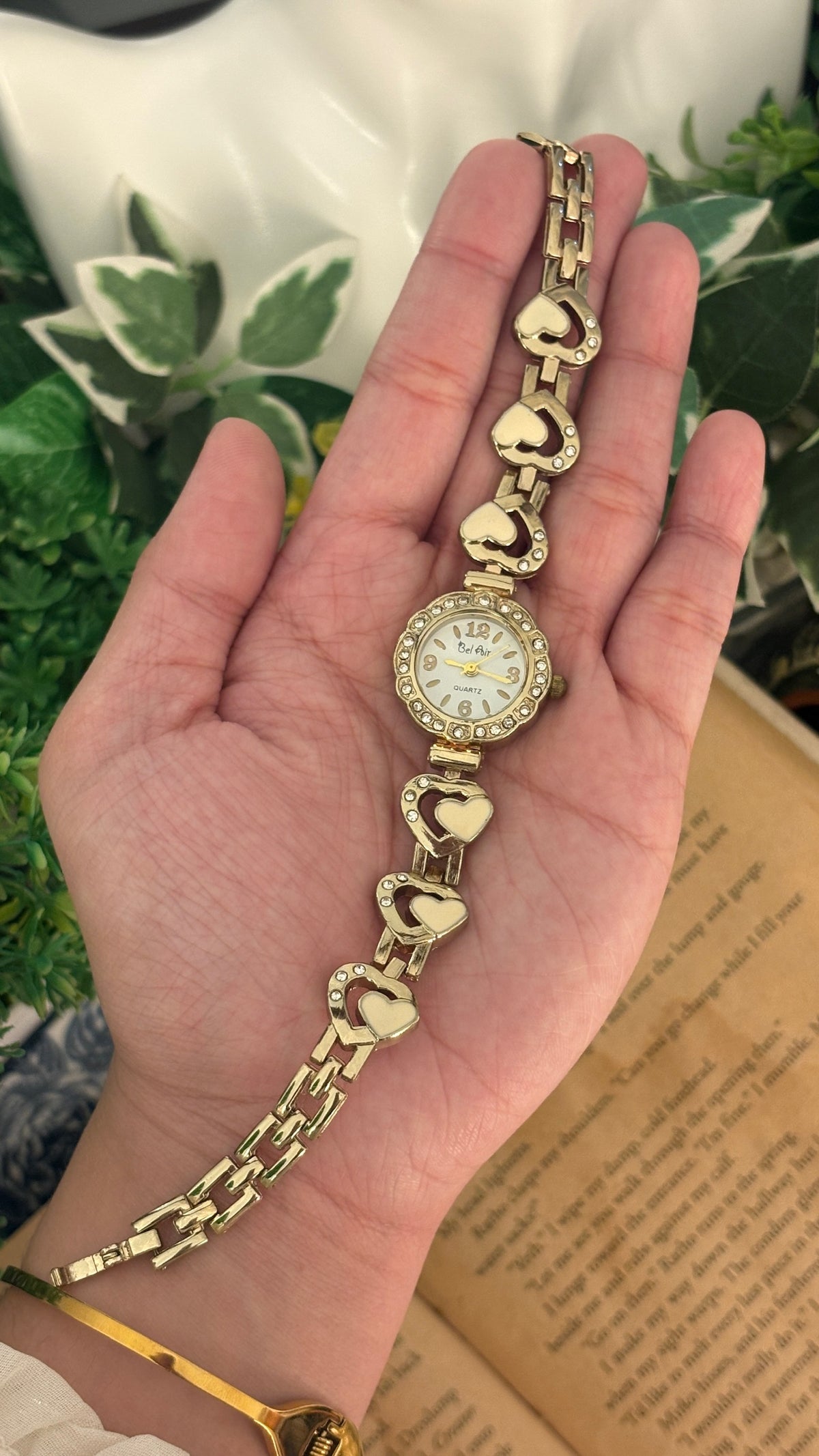 Vintage Bel Air Rhinestone Heart Link Watch in Gold Tone Quartz