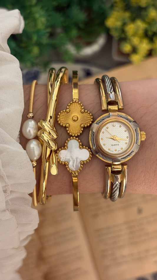 Rare Vintage Japan Quartz Cable Semi-Bangle Watch in Two-Tone Quartz