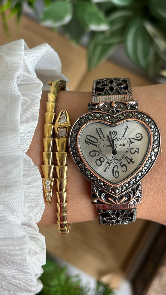 Vintage Gianni Accardi Rare Heart Bangle Watch in Bronze Tone