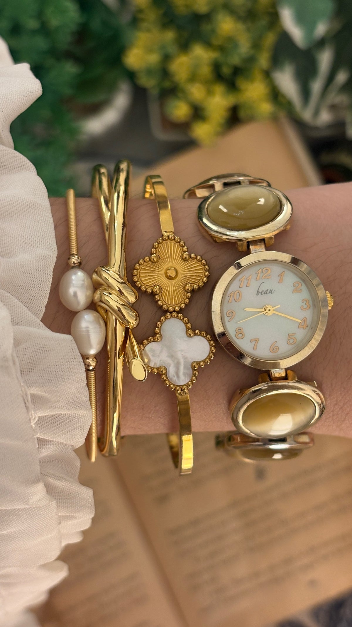 Rare Vintage Beau Cat's Eye Gemstone Bracelet Watch in Gold Tone Quartz