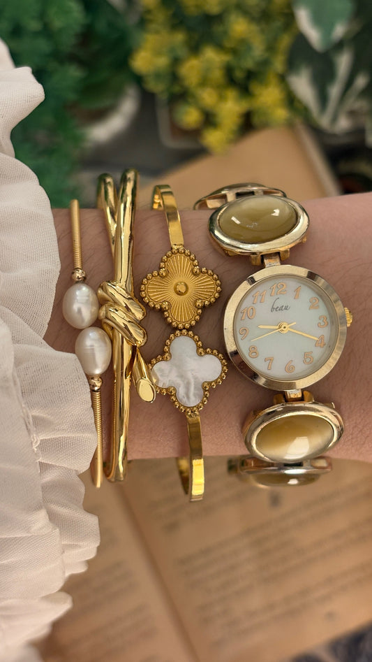 Rare Vintage Beau Cat's Eye Gemstone Bracelet Watch in Gold Tone Quartz