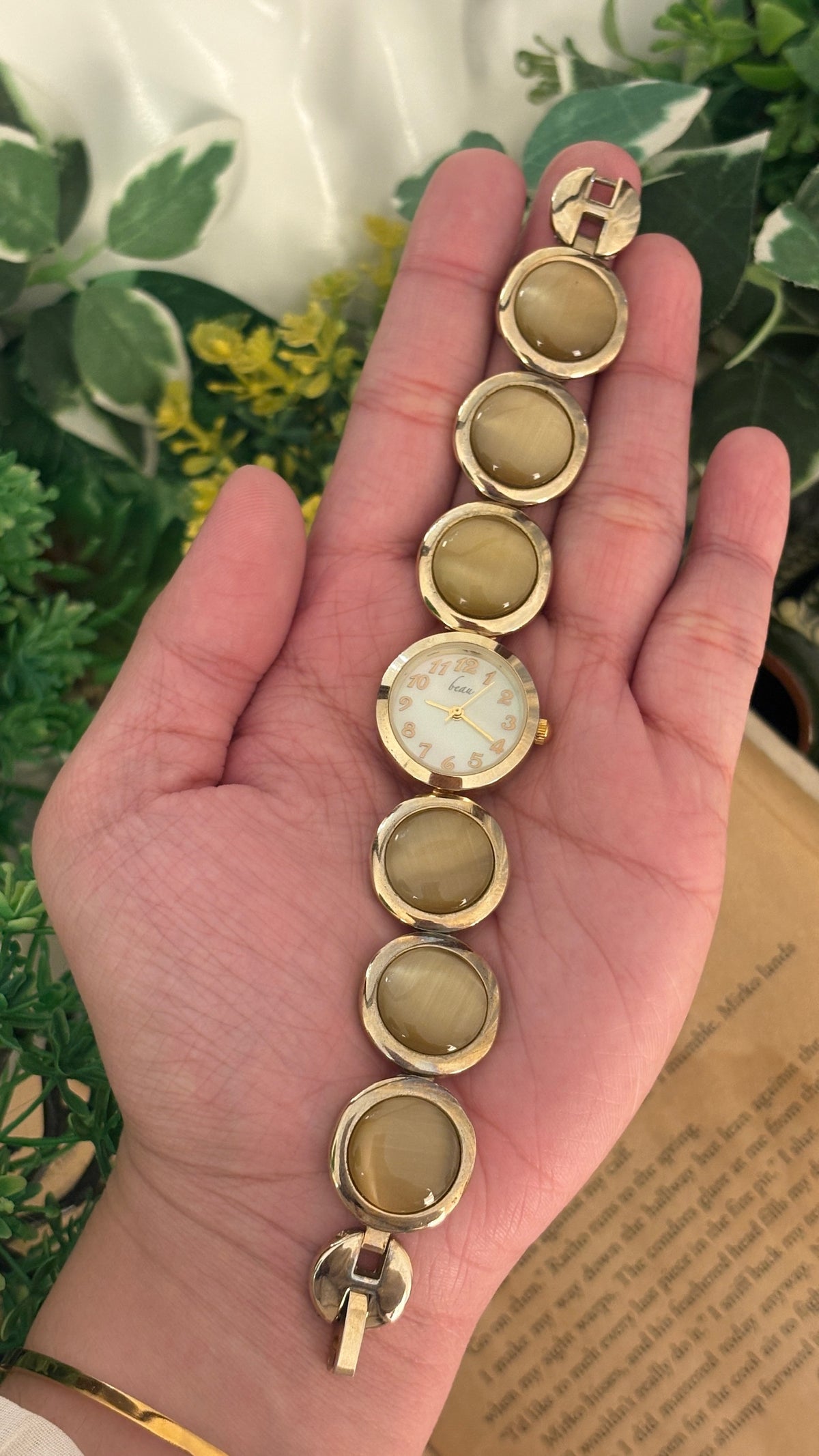 Rare Vintage Beau Cat's Eye Gemstone Bracelet Watch in Gold Tone Quartz