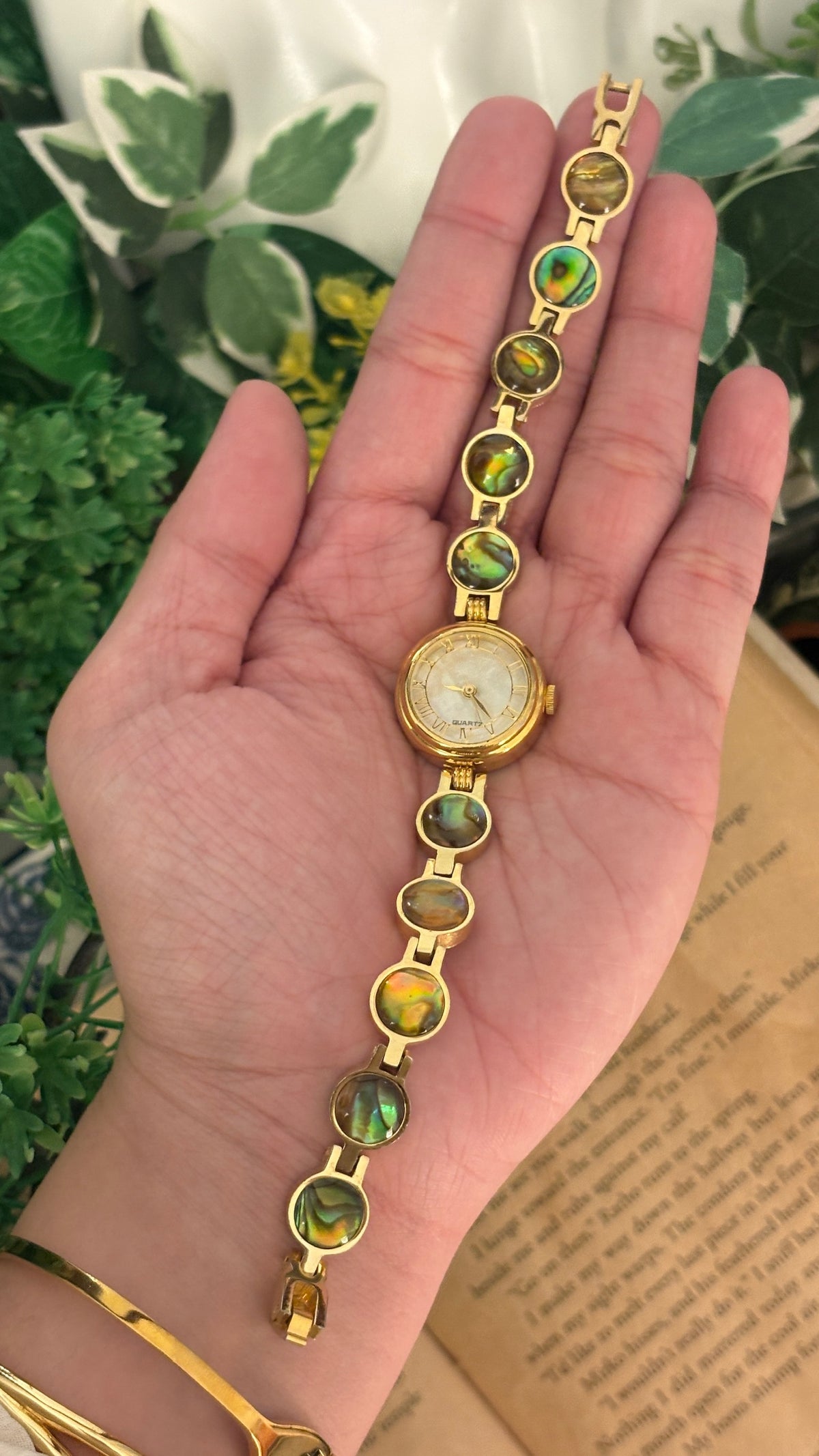 Rare Vintage Roman Dial Mother of Pearl Abalone Bracelet Watch in Gold Tone Quartz