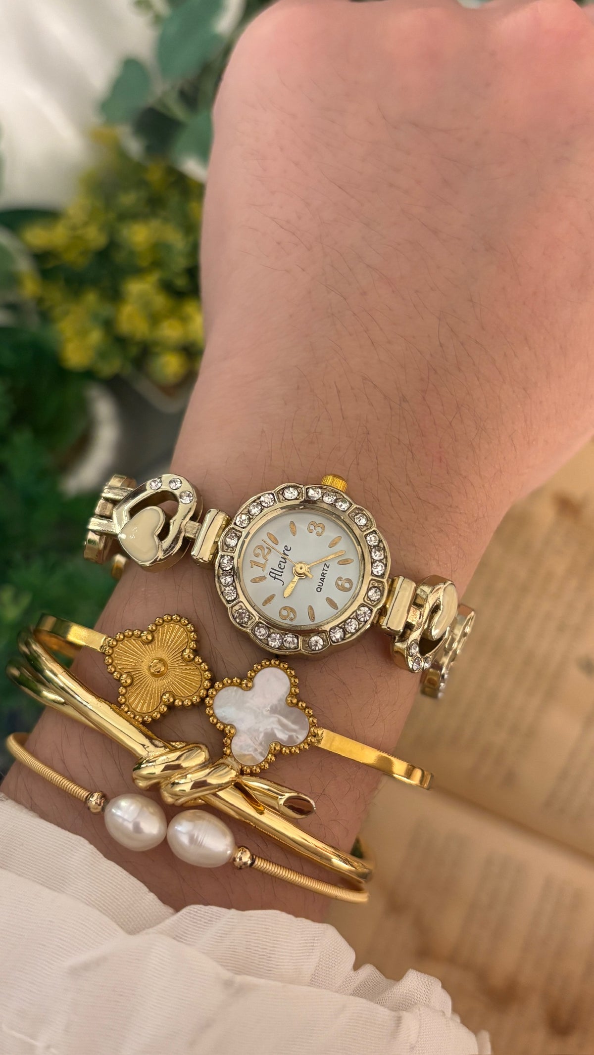 Vintage Flleure Rhinestone Heart Link Watch in Gold Tone Quartz