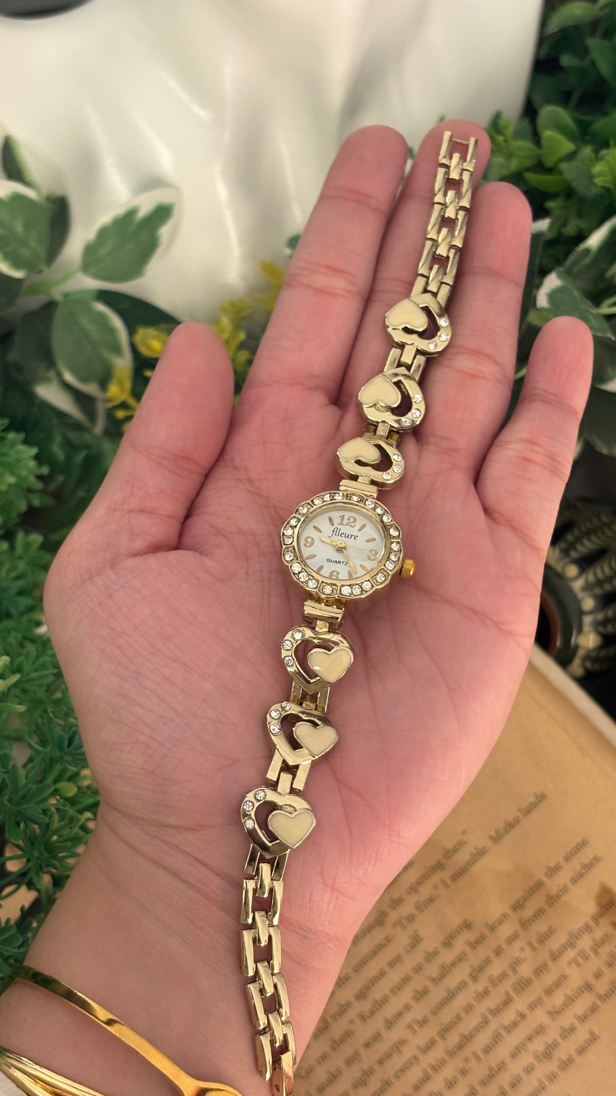 Vintage Flleure Rhinestone Heart Link Watch in Gold Tone Quartz
