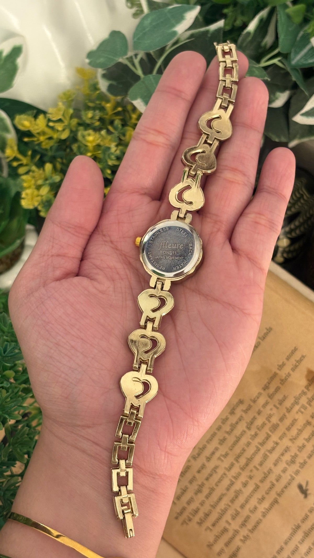 Vintage Flleure Rhinestone Heart Link Watch in Gold Tone Quartz