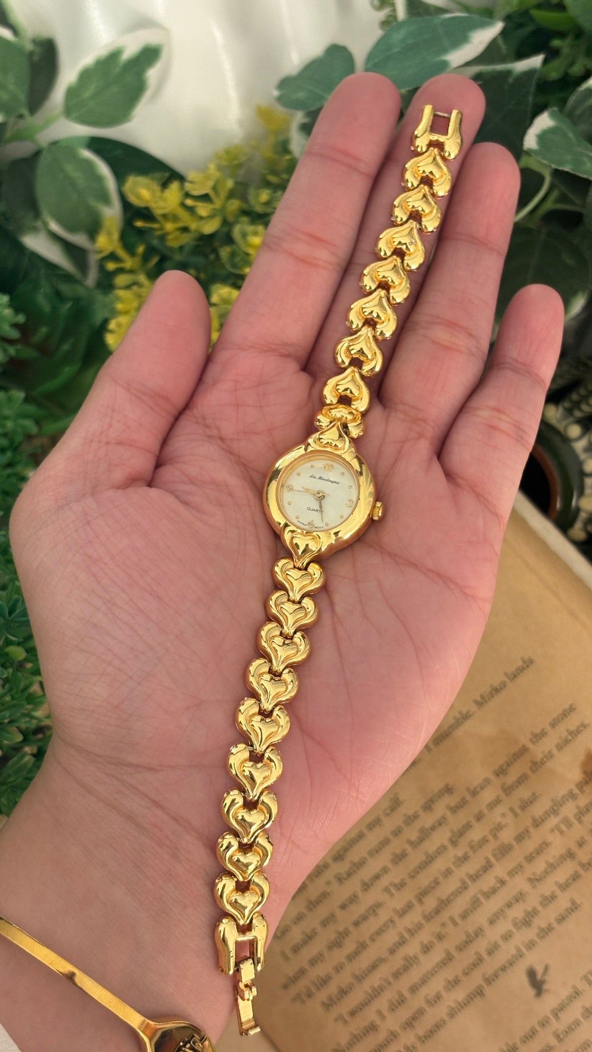 Rare Vintage La Montagna Heart Link Watch in Gold Tone Quartz