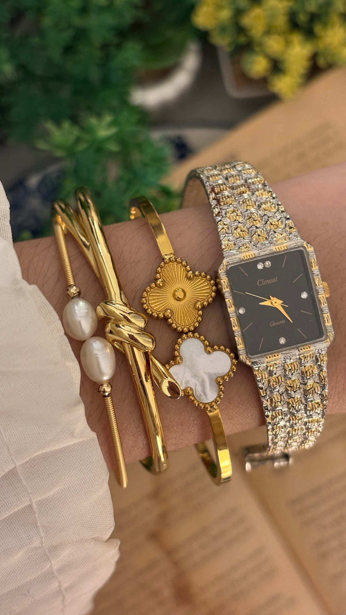 Rare Vintage Clowat Black Dial Tank Dress Watch in Two-Tone Quartz