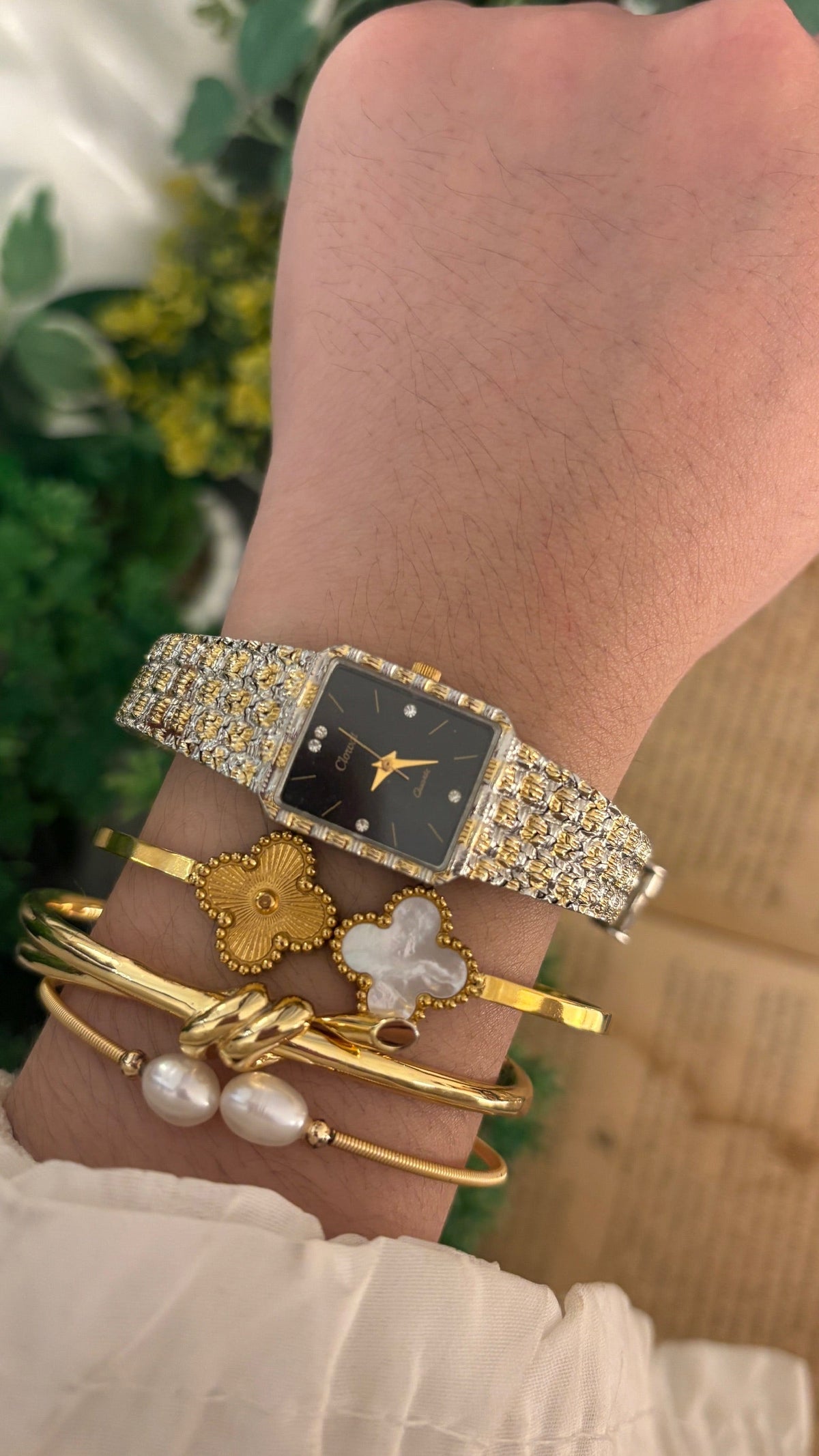 Rare Vintage Clowat Black Dial Tank Dress Watch in Two-Tone Quartz