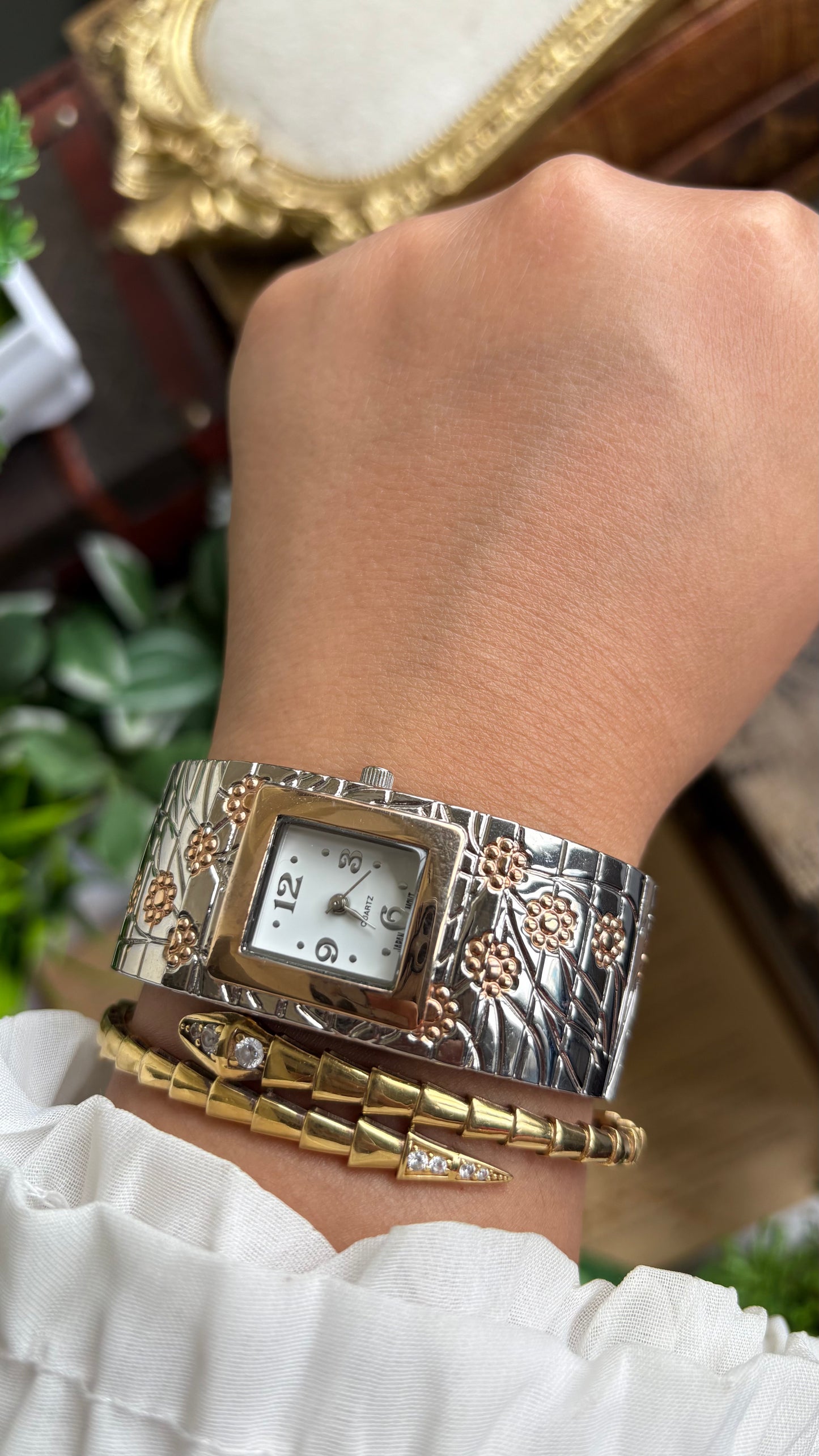 Vintage Bangle Watch in Two-Tone with Flower Accents