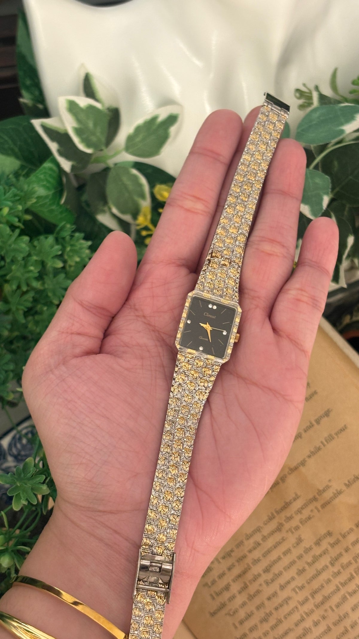 Rare Vintage Clowat Black Dial Tank Dress Watch in Two-Tone Quartz