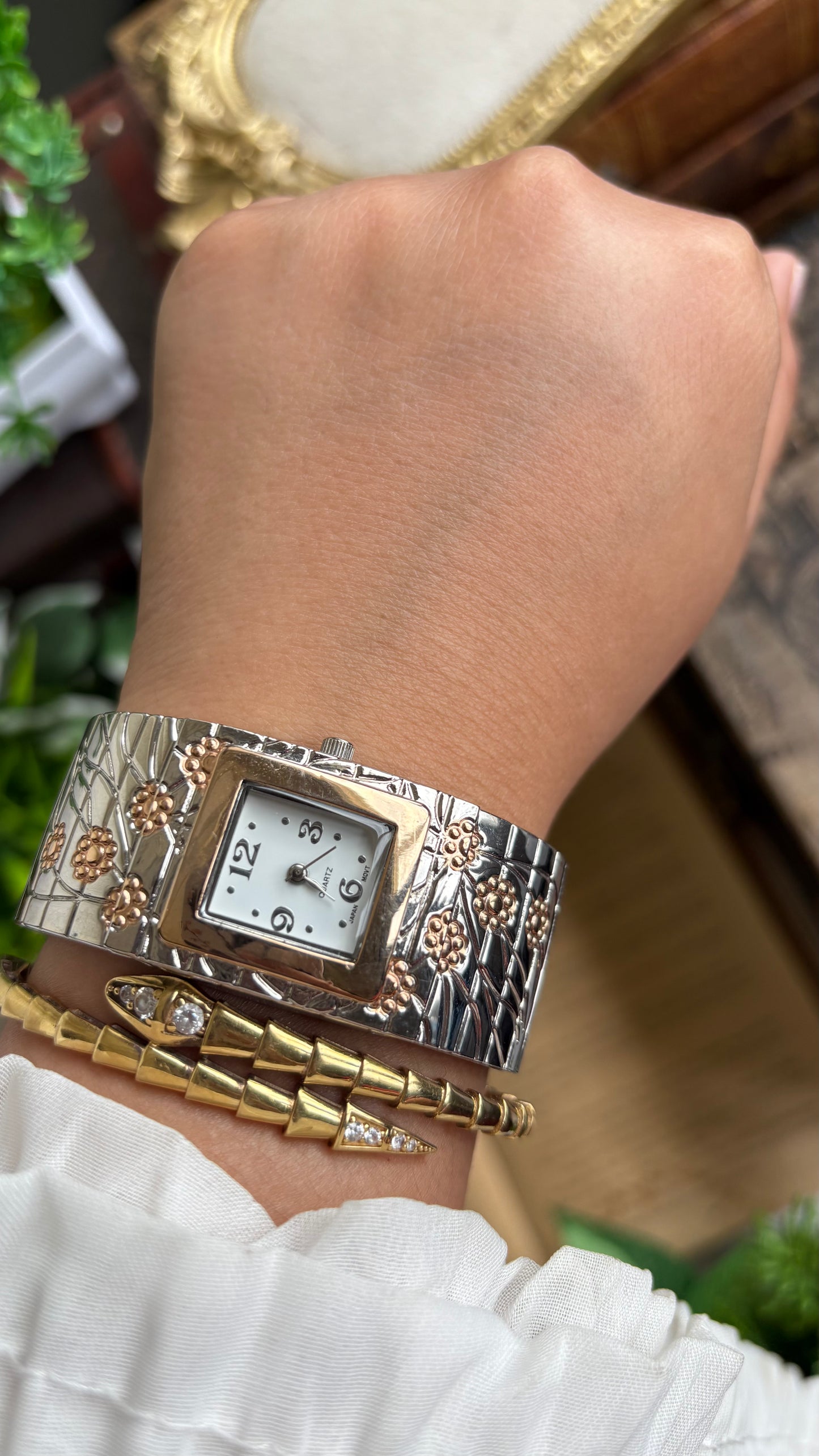 Vintage Bangle Watch in Two-Tone with Flower Accents
