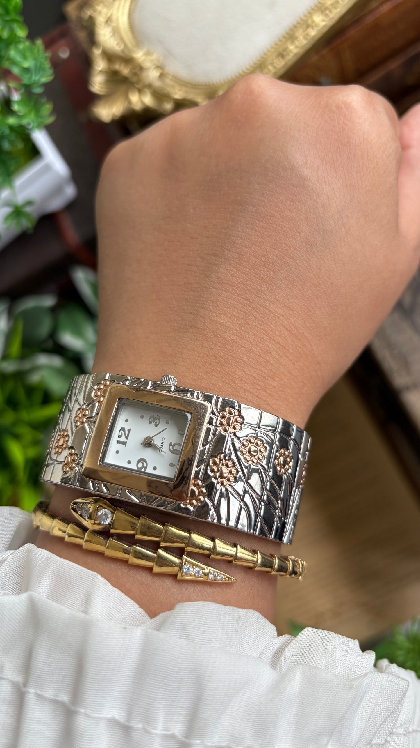 Vintage Bangle Watch in Two-Tone with Flower Accents
