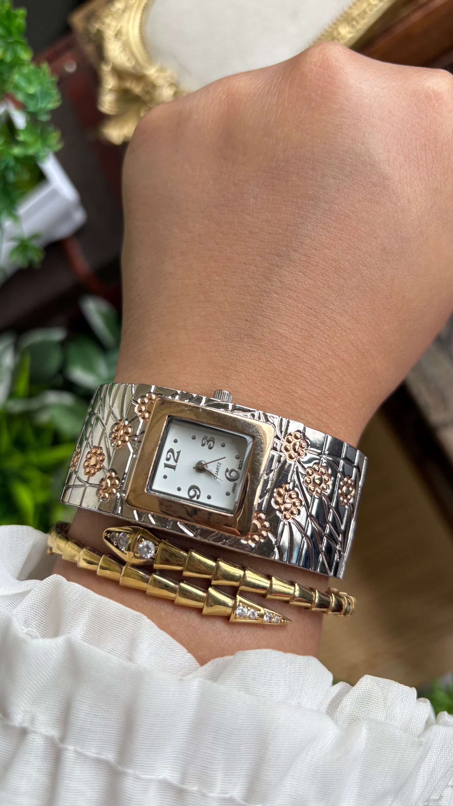 Vintage Bangle Watch in Two-Tone with Flower Accents
