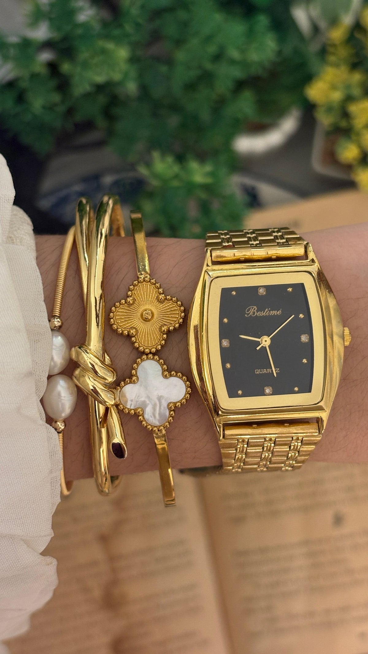 Vintage Bestime Black Dial Barrel Watch in Gold Tone Quartz