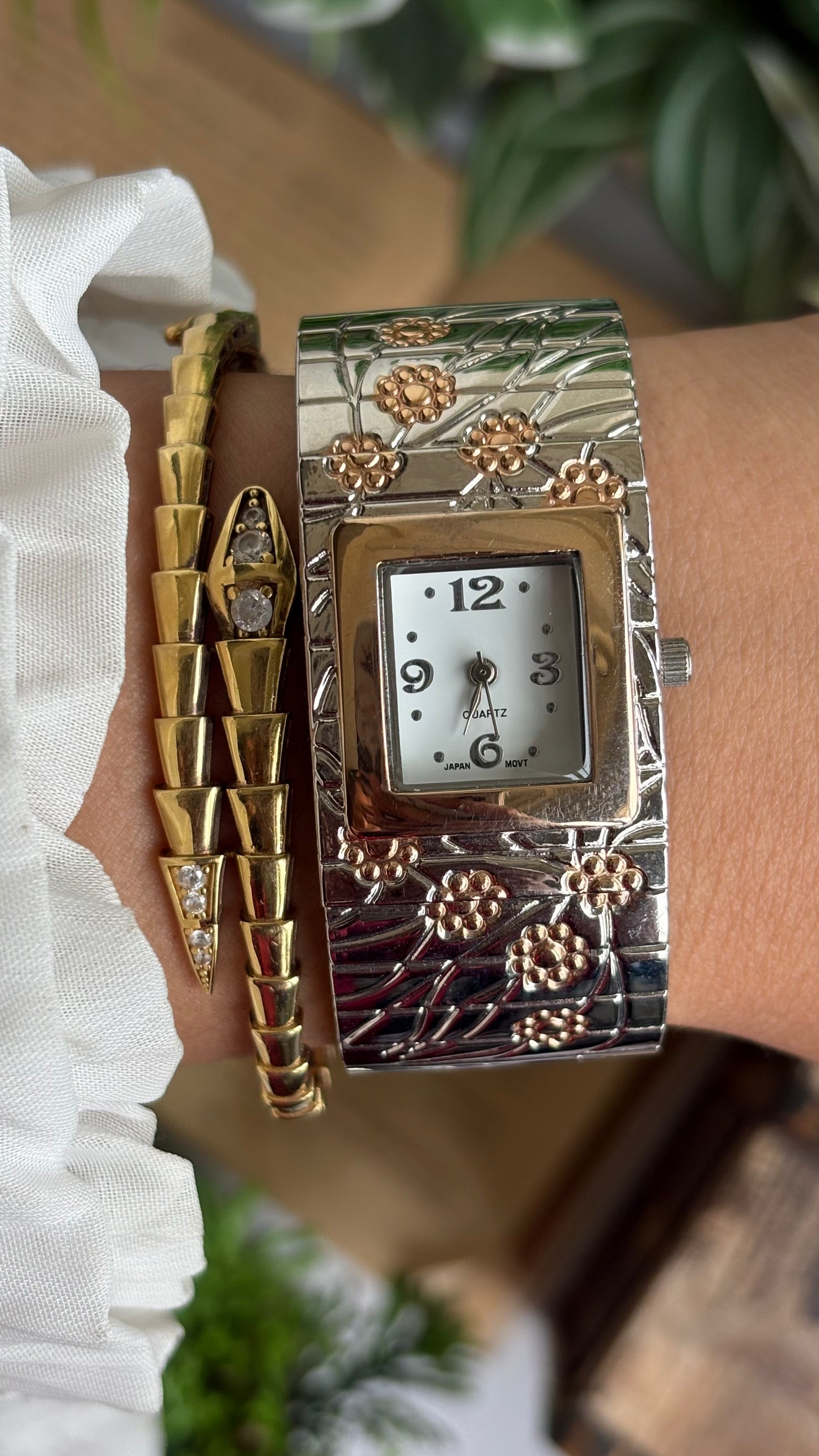 Vintage Bangle Watch in Two-Tone with Flower Accents