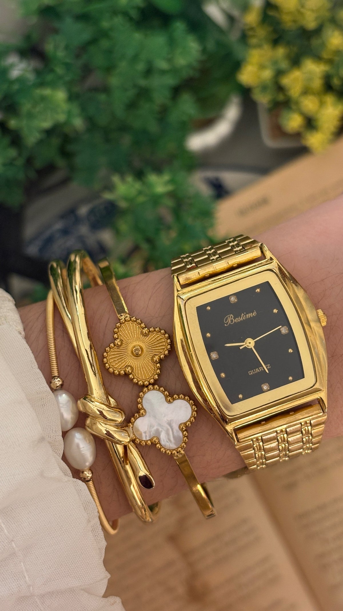 Vintage Bestime Black Dial Barrel Watch in Gold Tone Quartz