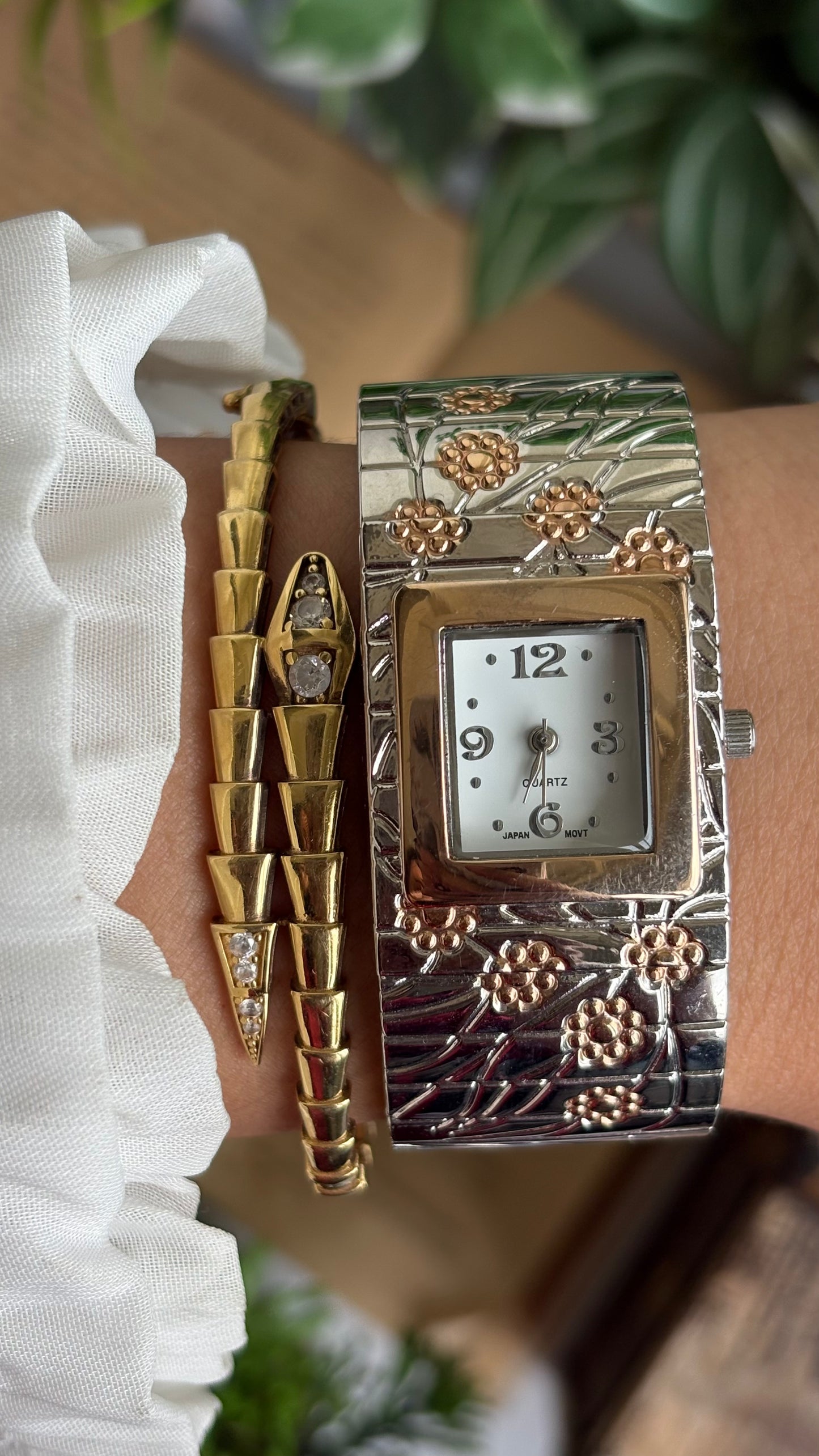 Vintage Bangle Watch in Two-Tone with Flower Accents