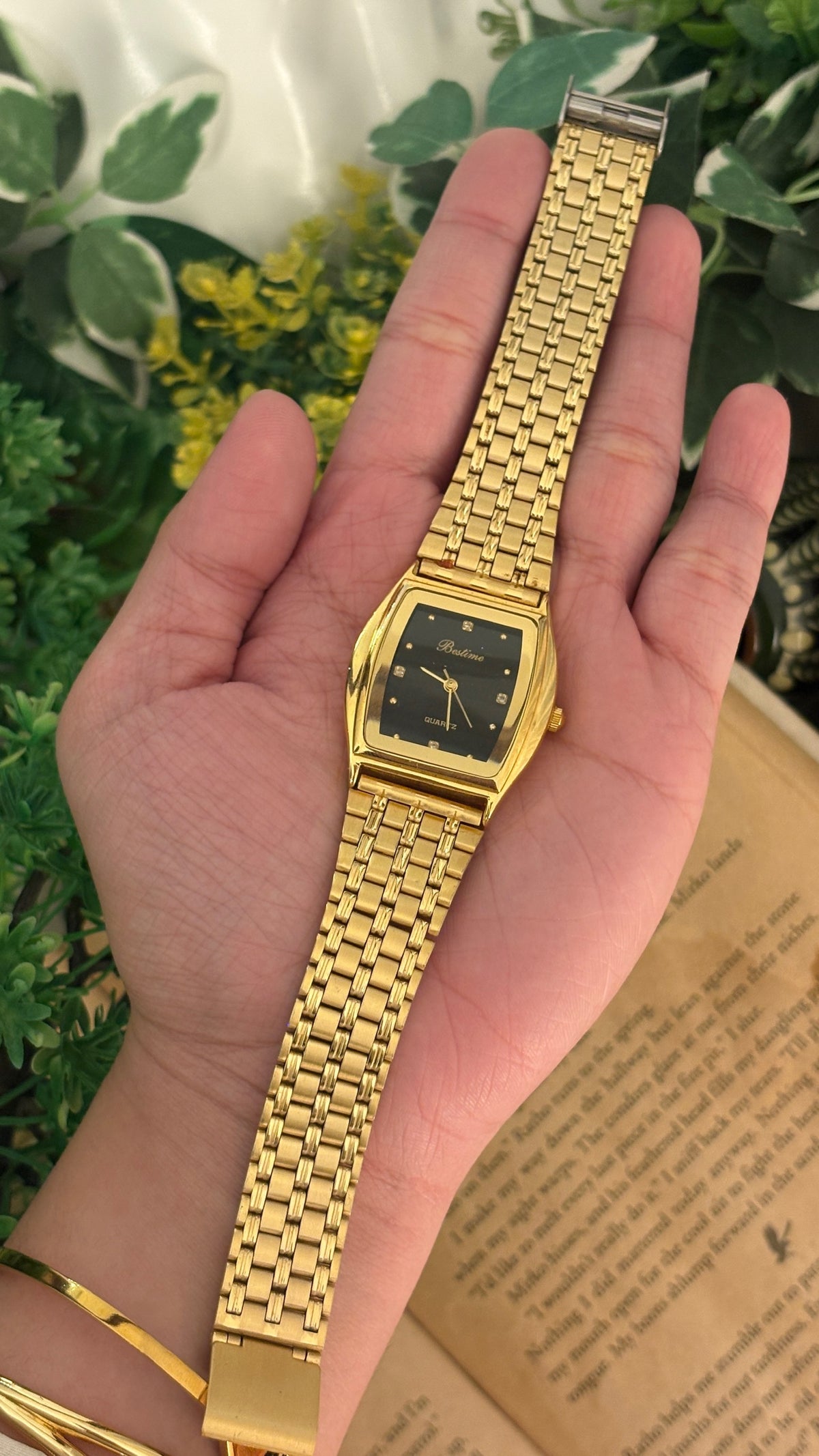 Vintage Bestime Black Dial Barrel Watch in Gold Tone Quartz
