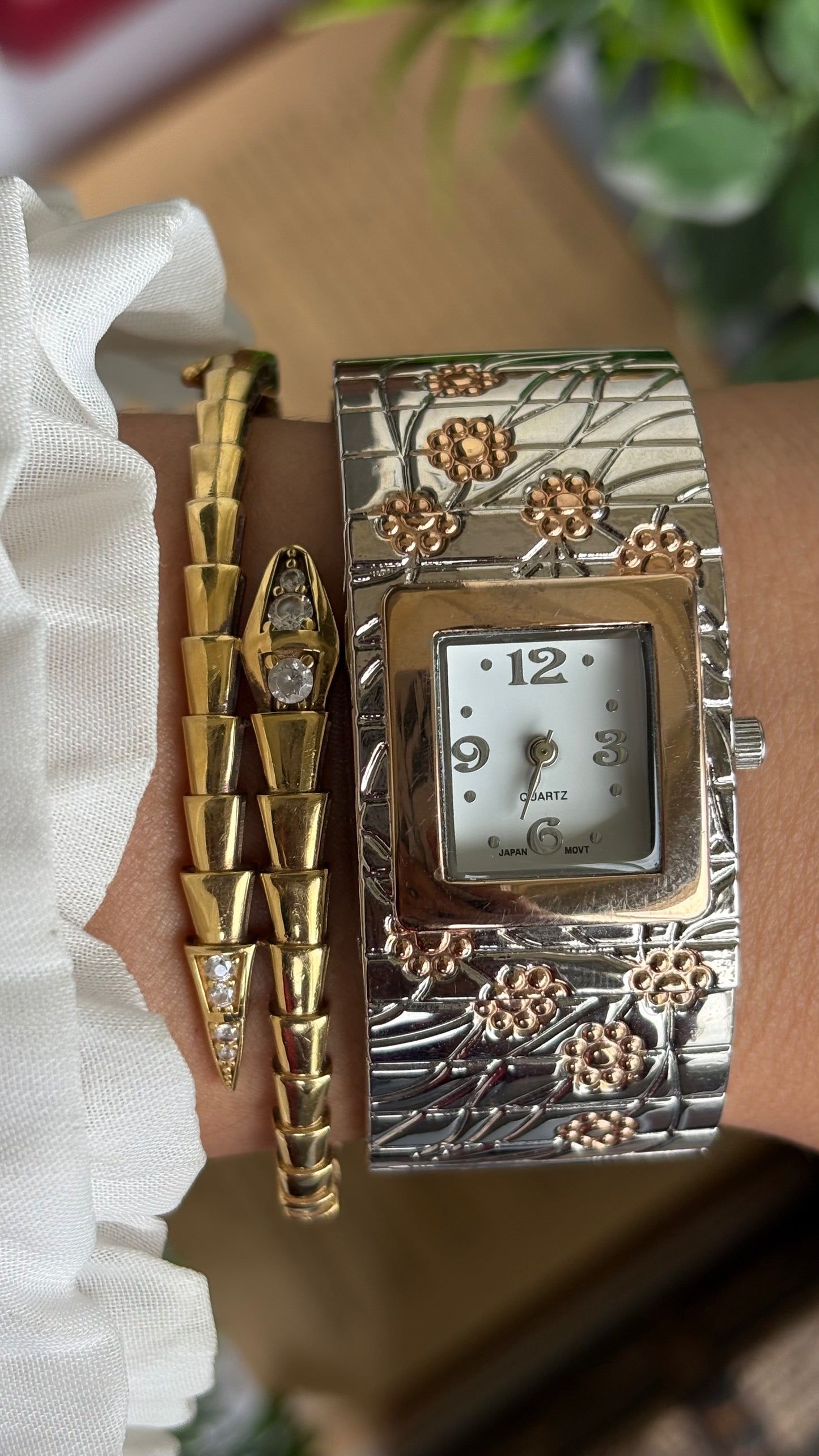 Vintage Bangle Watch in Two-Tone with Flower Accents