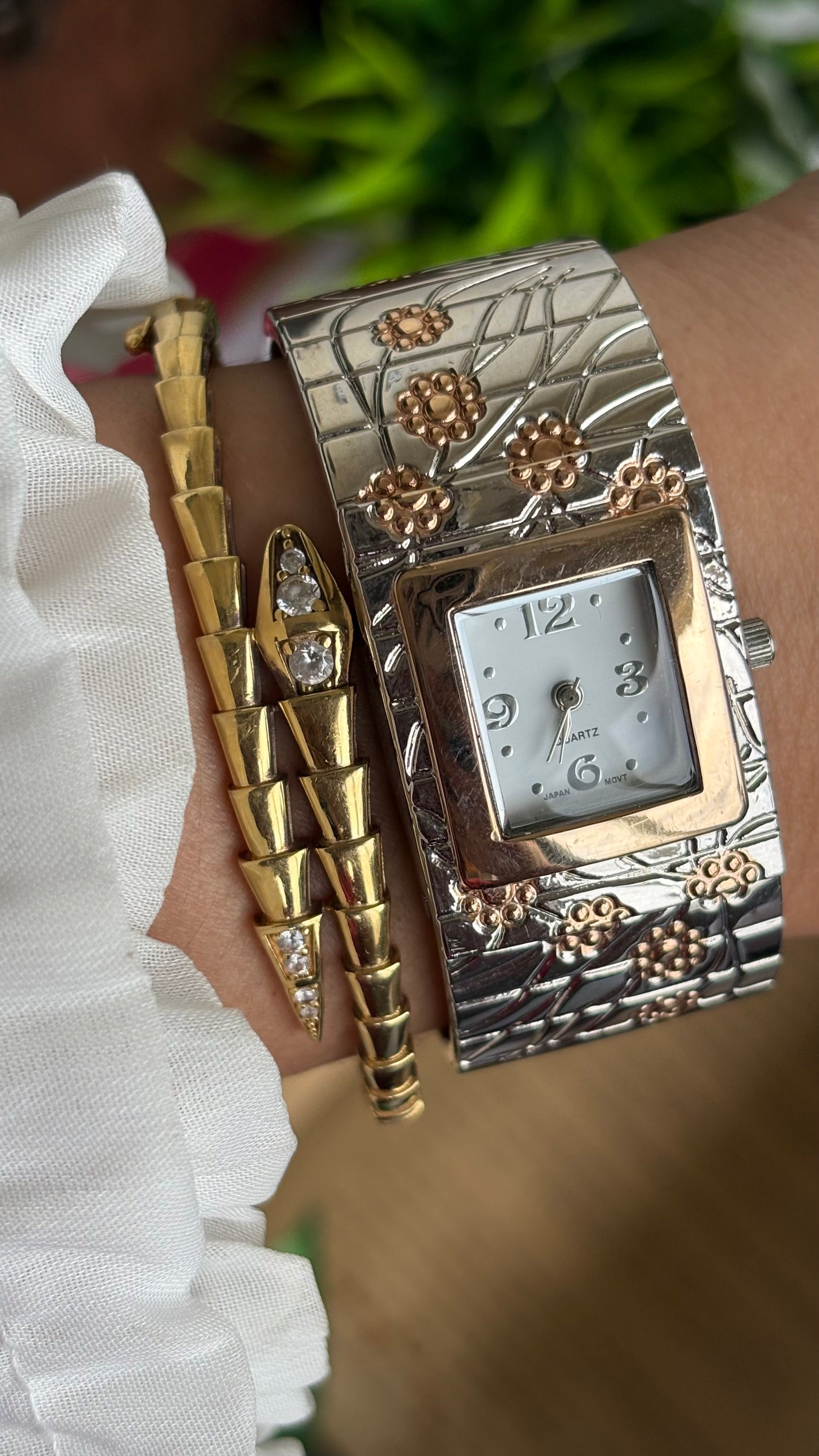 Vintage Bangle Watch in Two-Tone with Flower Accents