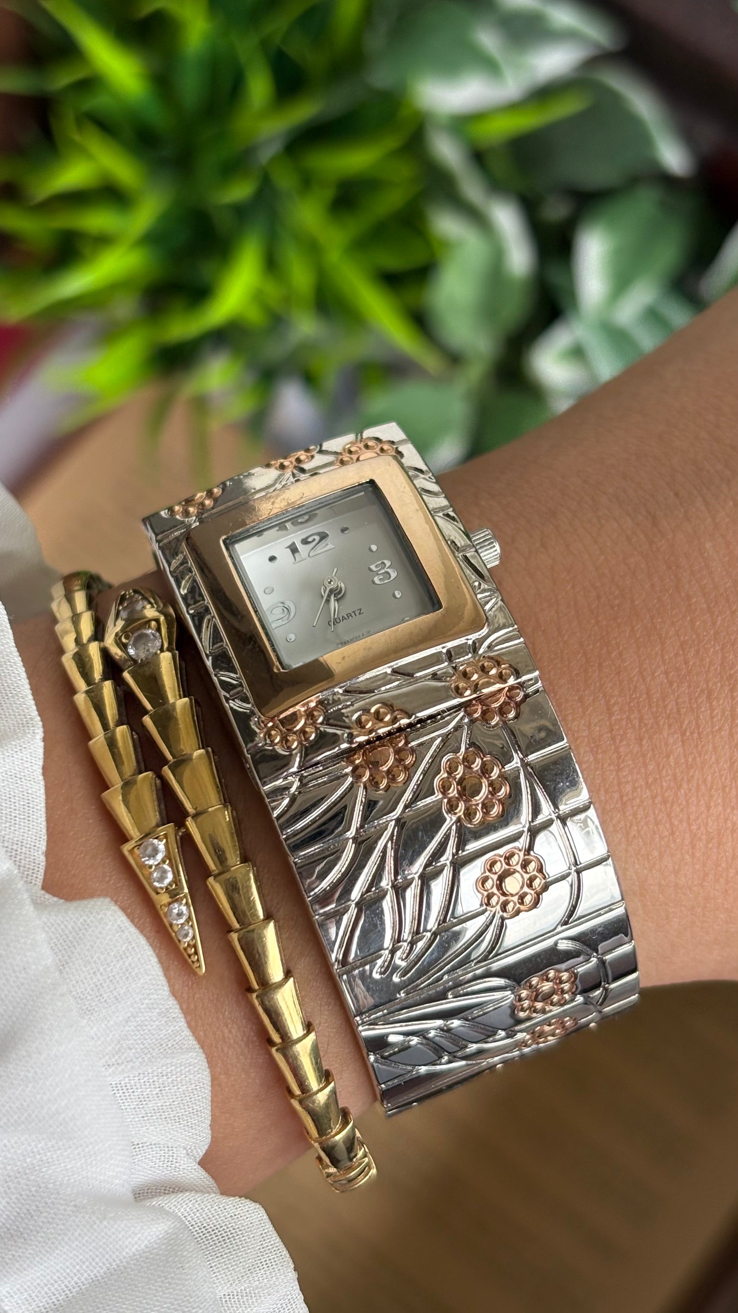 Vintage Bangle Watch in Two-Tone with Flower Accents