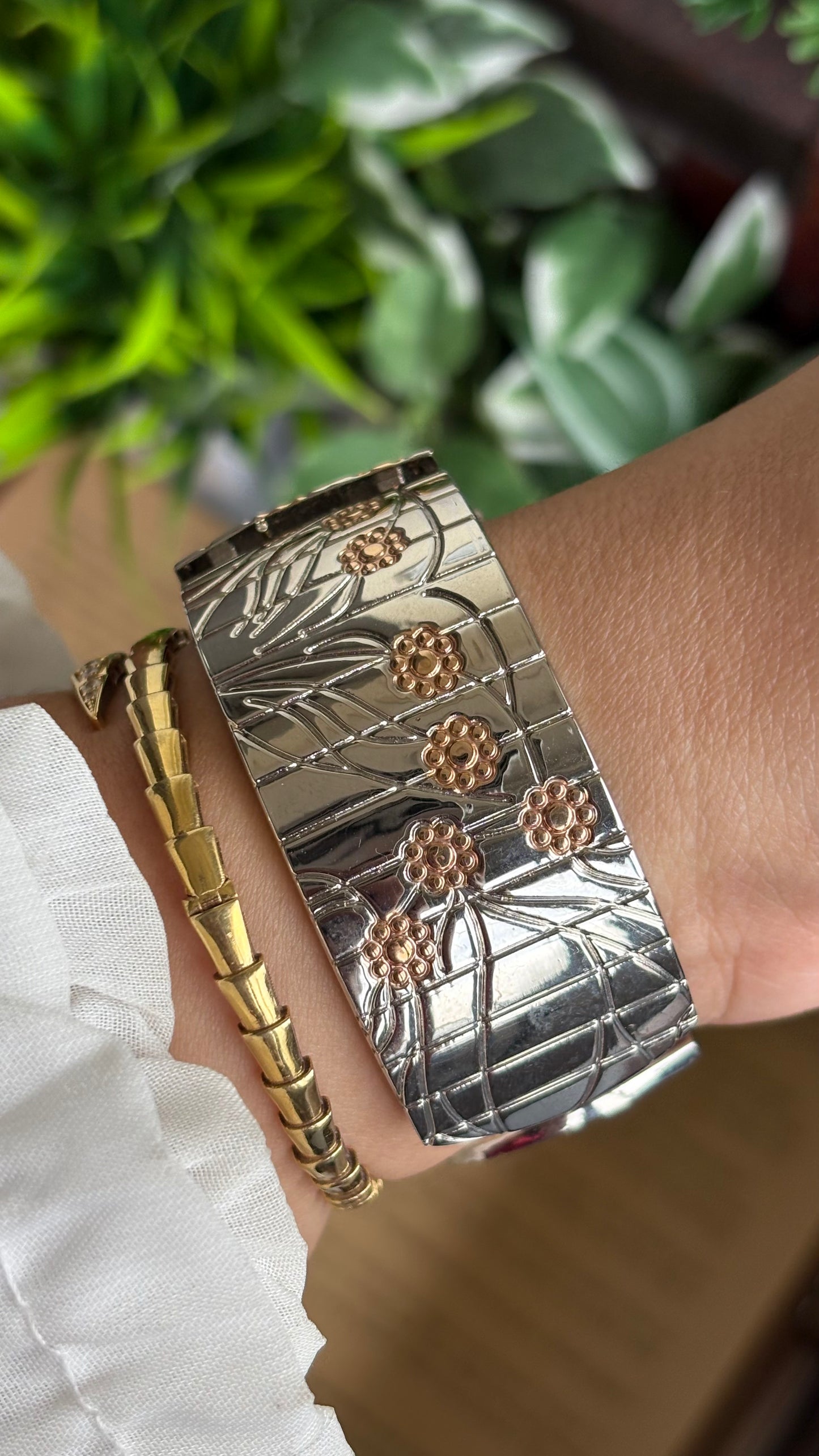 Vintage Bangle Watch in Two-Tone with Flower Accents
