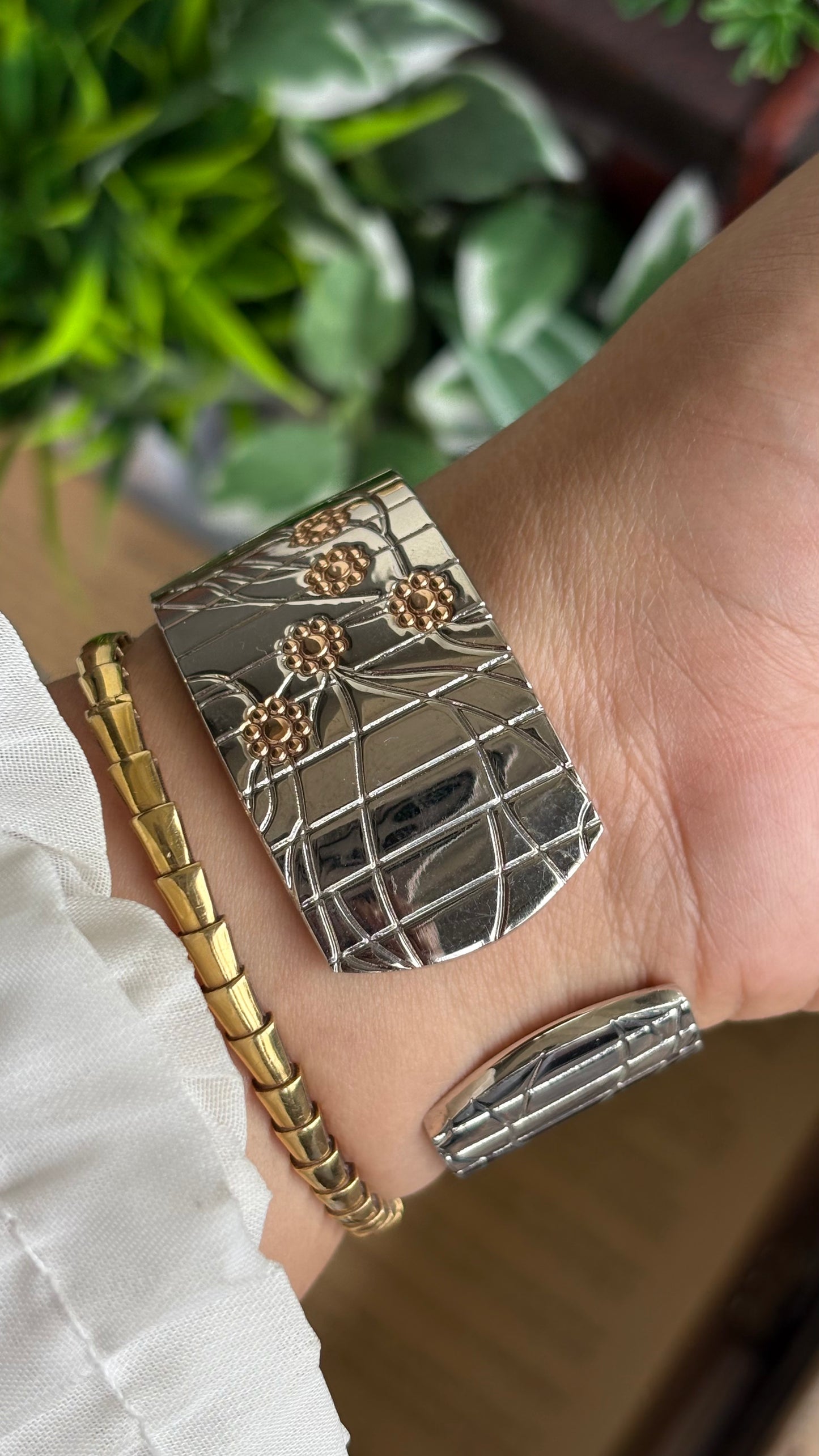 Vintage Bangle Watch in Two-Tone with Flower Accents