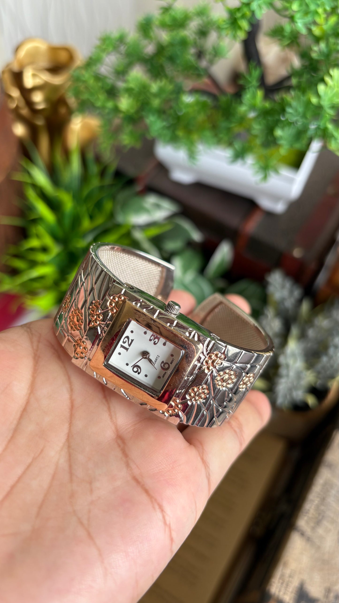 Vintage Bangle Watch in Two-Tone with Flower Accents
